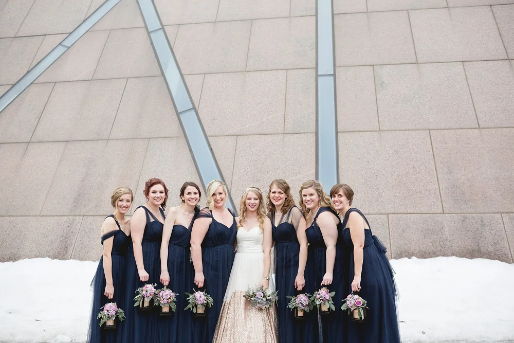 Rochelle Louise Photography, McNamara Alumni Center wedding, Minneapolis wedding photographer, winter wedding, gold wedding, Truvelle Bridal, a&be bridal shop, A'bulae wedding, modern wedding, modern gold wedding, gold wedding dress, navy blue wedding, painted gold cake, Minnesota wedding photographer, fine art wedding photographer, photojournalist wedding photographer, University of Minnesota wedding, Weisman wedding, Weisman Art Museum wedding