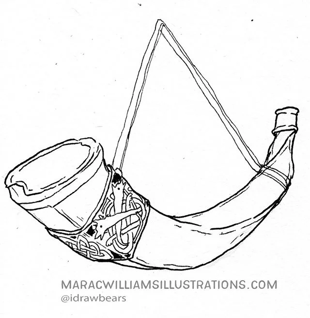 More for the #mabinogitree - hunting horns! #mabinogion #penandink #wip