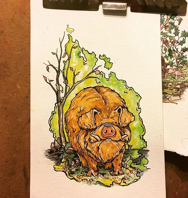 The color is nearly done on my #maninogitree (and the tree is here) #magicpigs #kunekune #animalillustration #kidlitart #winter #mabinogion #pedaircaincymabinogi #watercolorpencils #wip