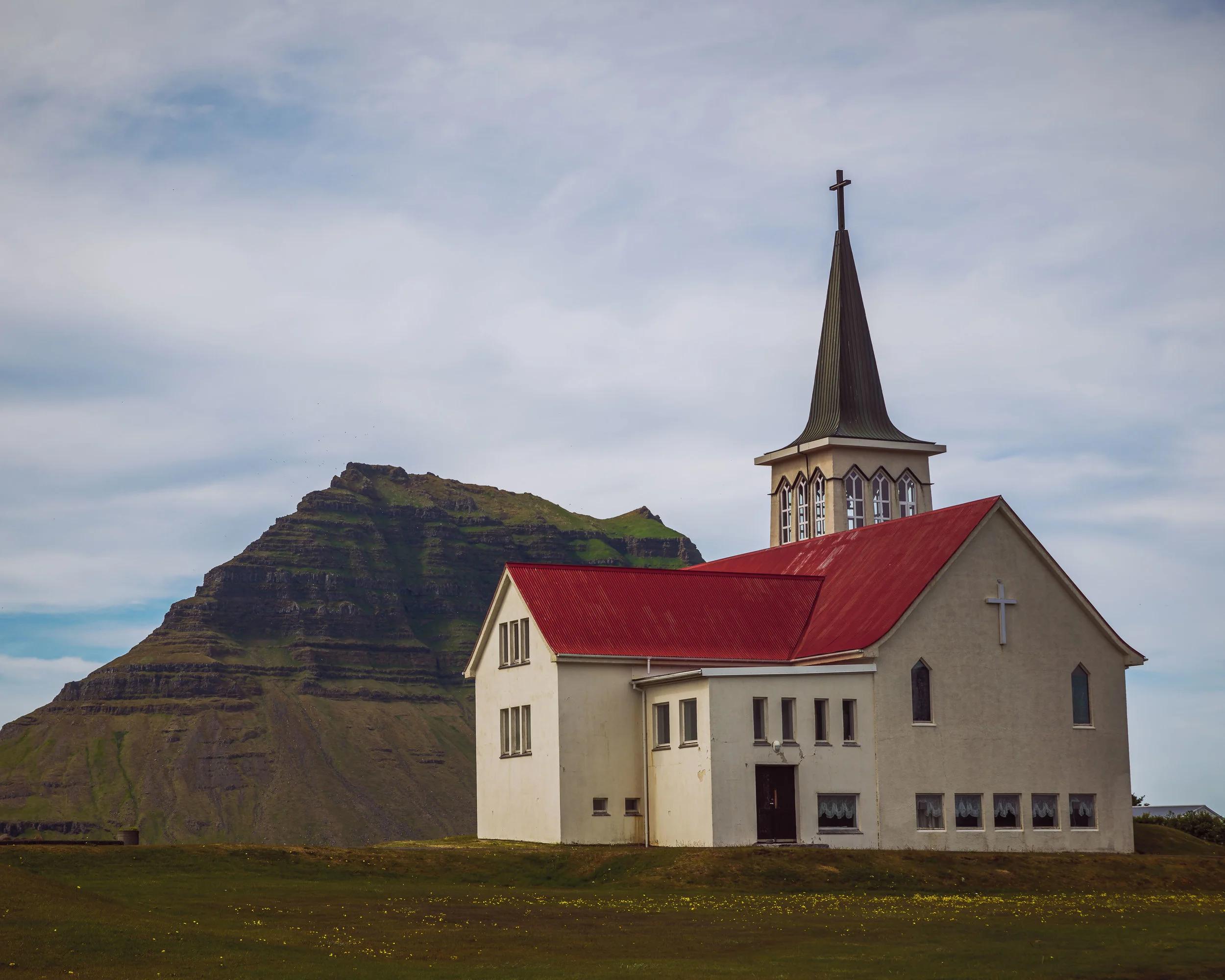 Church at Grundarfjordur with Kirkjufell Mountain in the background