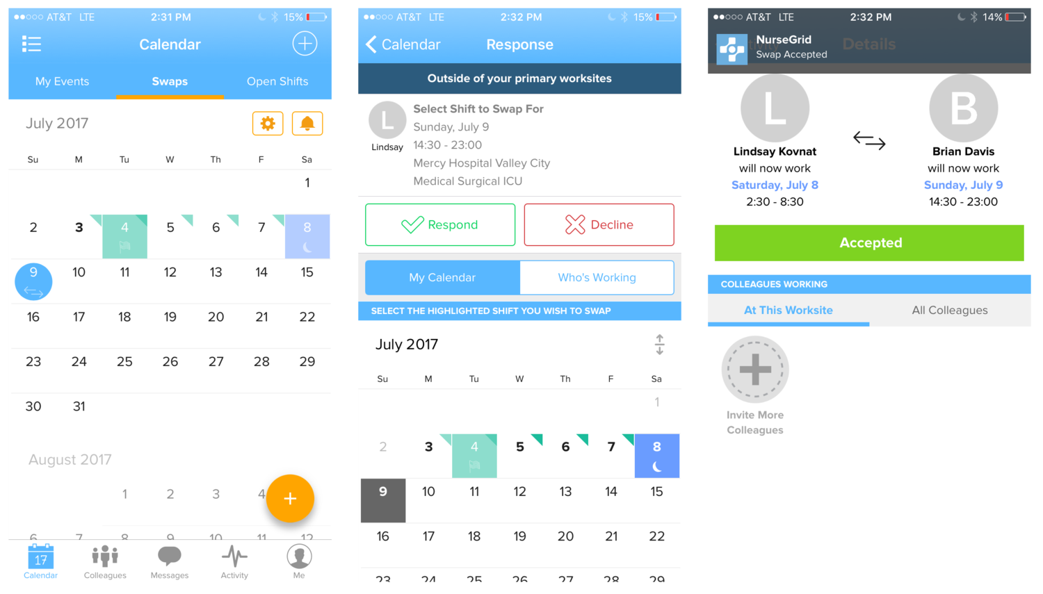 Notable NurseGrid Screens (left to right)- blue-circle, double arrow icon: July 9 = open swap- select shift to swap (July 8) for open swap (July 9)- full details of "accepted" swap (notification overlay at top)