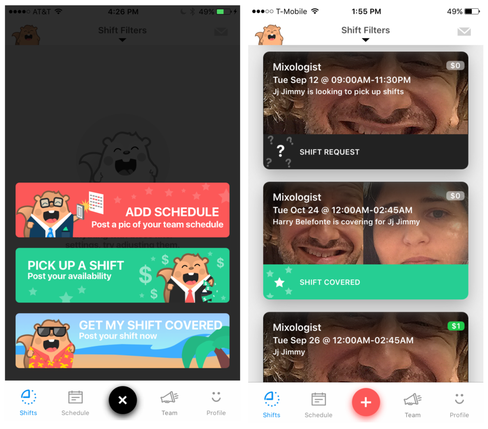 Notable SHYFT Screens (left to right)- adorable Shyftmunk in various settings, signifying the objectives of the user- Scrolling list-view of shifts, personalized with profile pics