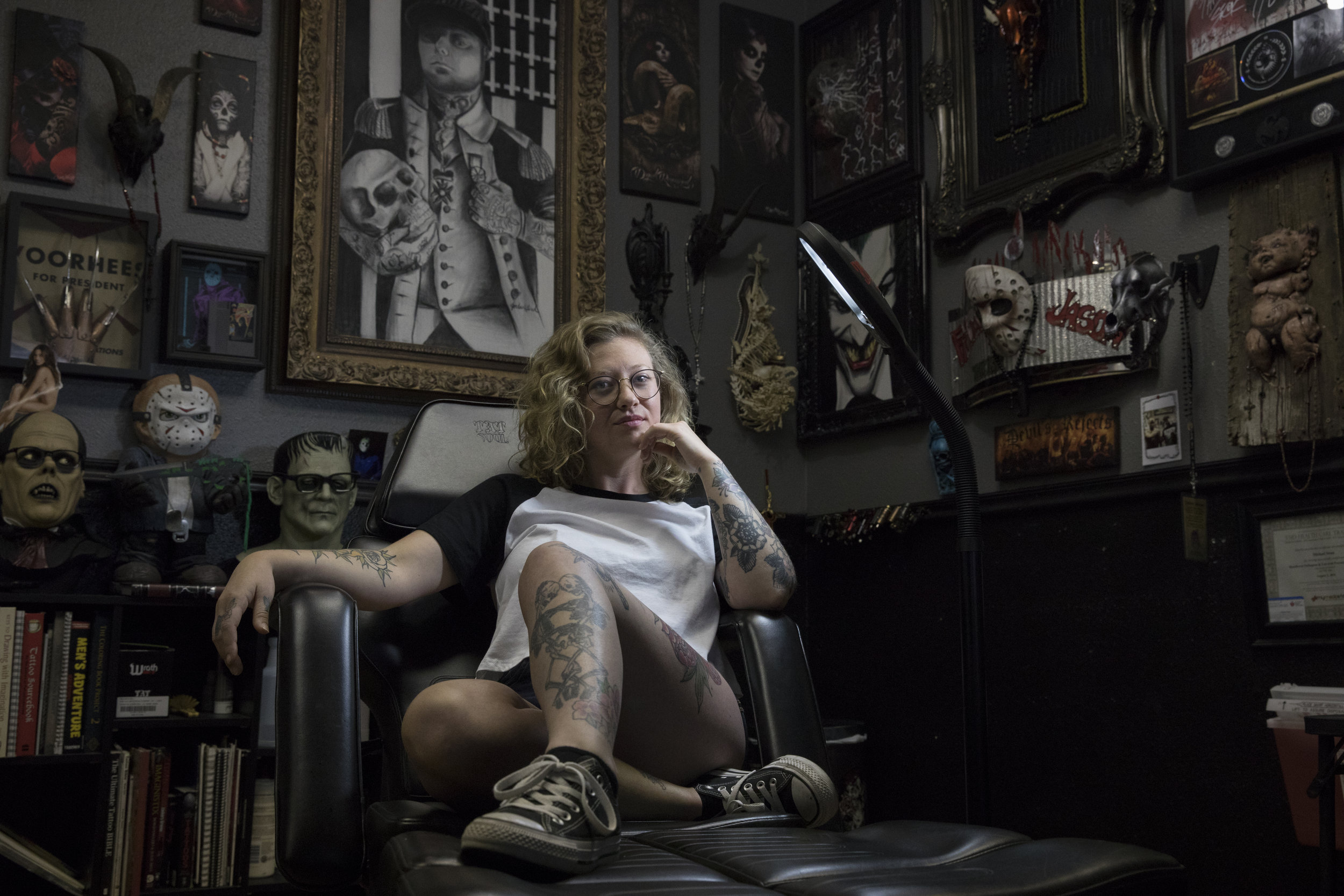  Jordan Allred, 25, a local tattoo artist poses for a portrait at Resurrected Tattoo on Friday, July 27, 2018. Allred has lived in Idaho for 23 years, and she said being an Idahoan means, "community, being a friend and humble." 