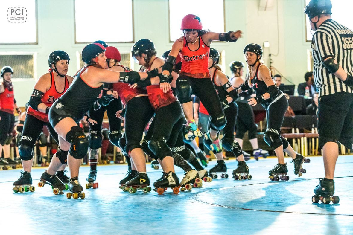DRD AllStar Jilleanne Rookard jumps over blockers in the April 22 game. Photo: Phil Conners