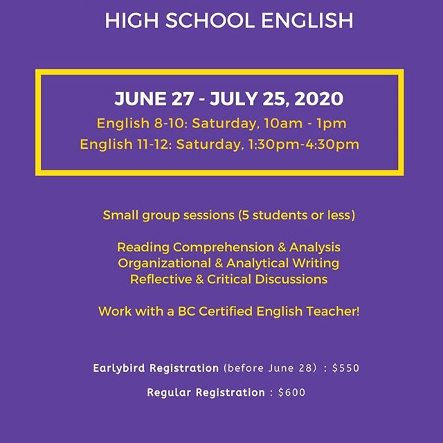Looking for some help with English during summer break? Sign up for our reading/writing summer prep sessions! Work with a BC Certified English Teacher #englishtutor #highschoolenglishteacher #reading #writing #analyticalwriting #organizationalwriting