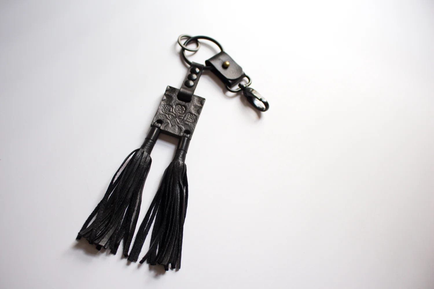Vintage Tooled Mexican Belt Piece With Double Tassel In Black