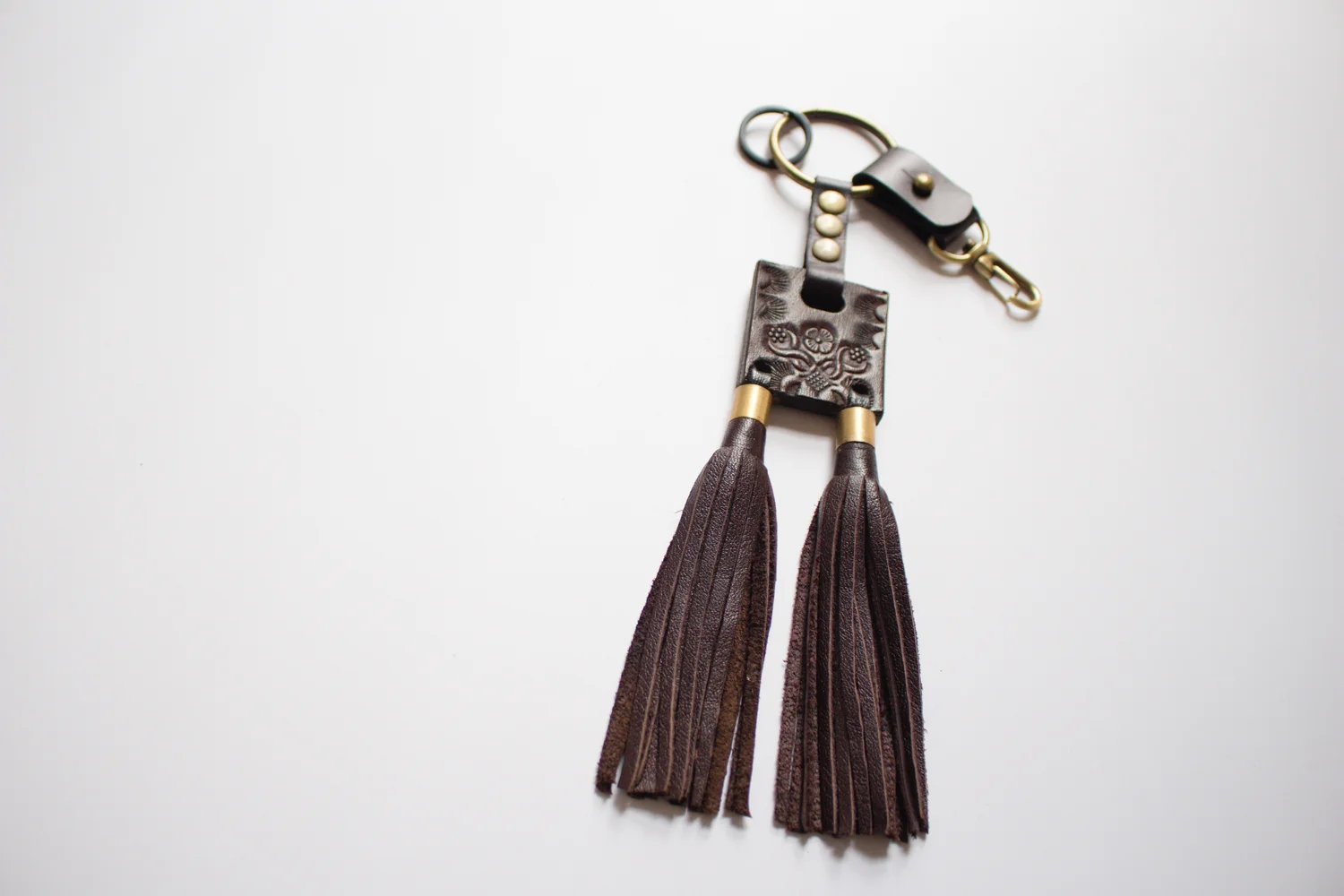 Vintage Tooled Mexican Belt Piece With Double Tassel in Dark Brown
