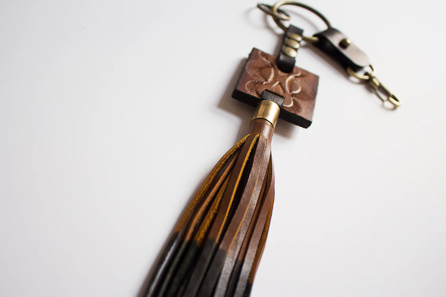 Vintage Tooled Mexican Belt Piece With Brown Black Dipped Tassel