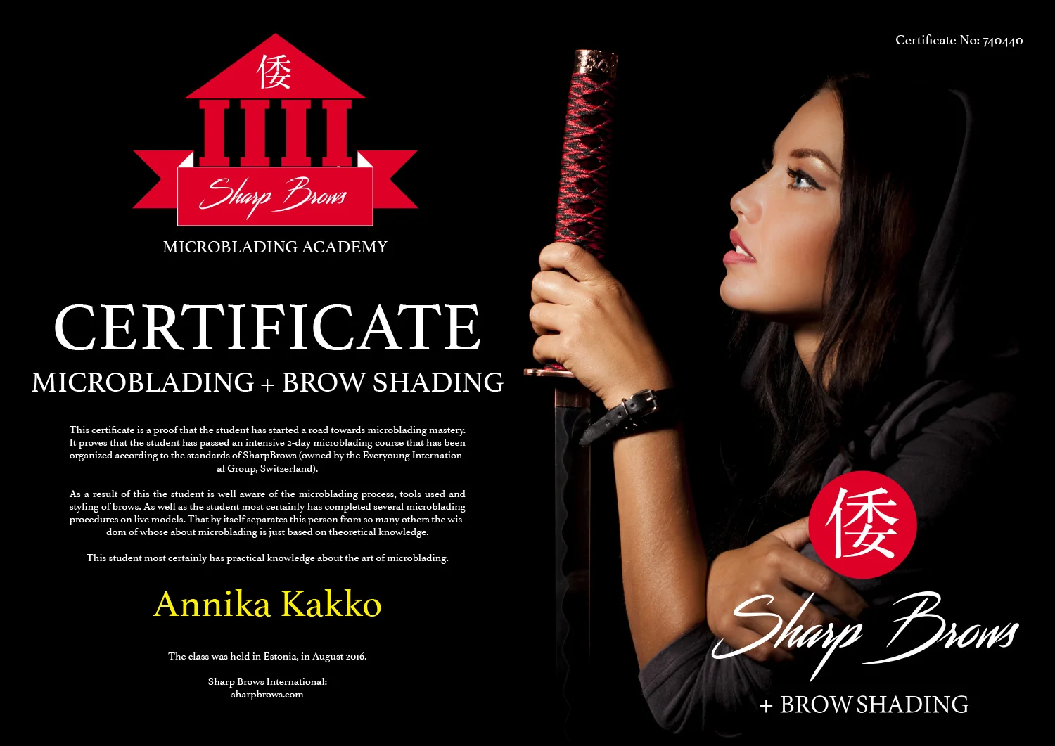 SharpBrows Active Practitioner Diploma awarded to Annika Kakko.
