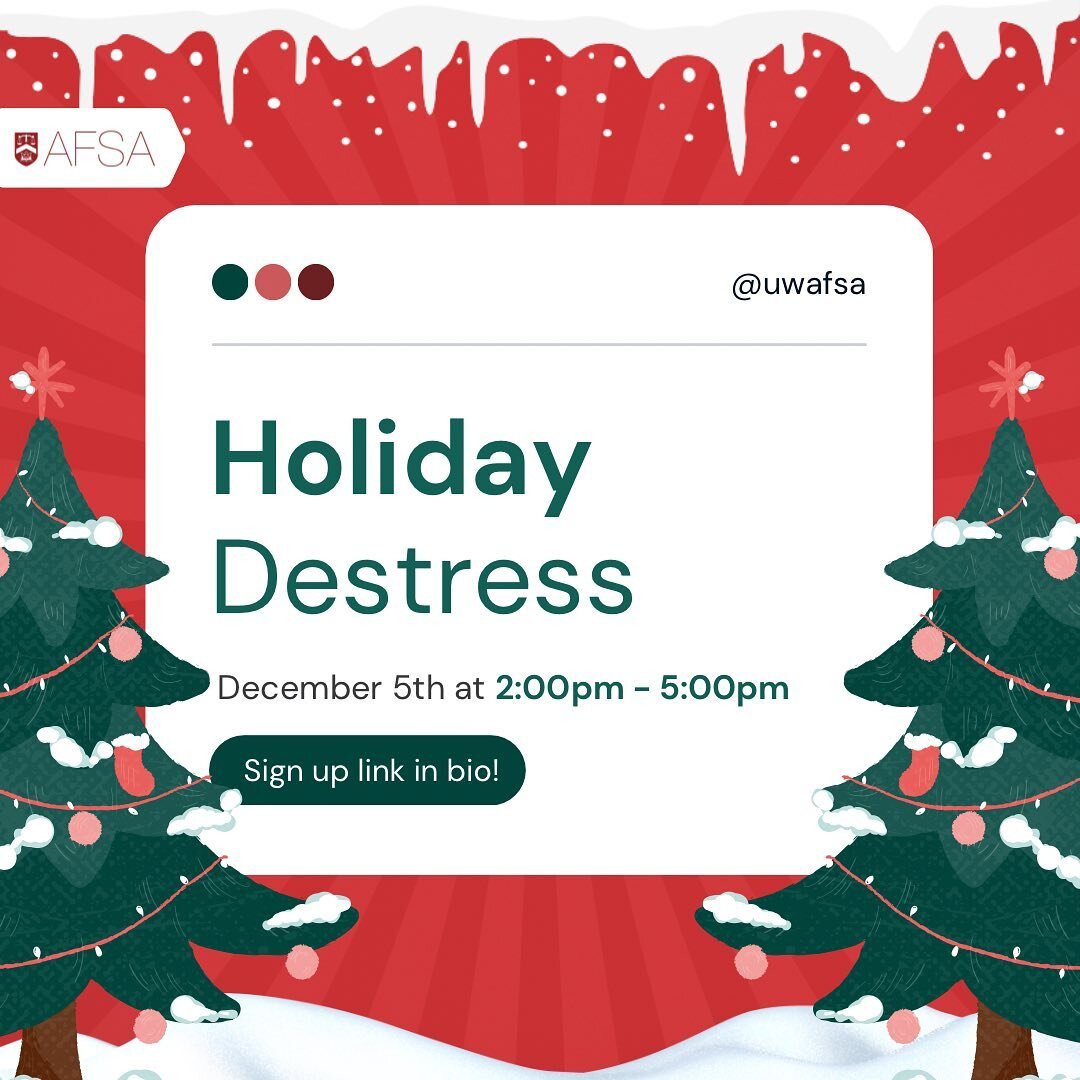 Hey SAF!

AFSA is excited to present our Holiday Destress event! 

Join us on December 5th from 2:00 to 5:00 PM in the SAF Lounge for an afternoon full of holiday fun!

This event will feature:

☕️ DIY Hot Chocolate and Coffee Station

🎅 Photo Booth