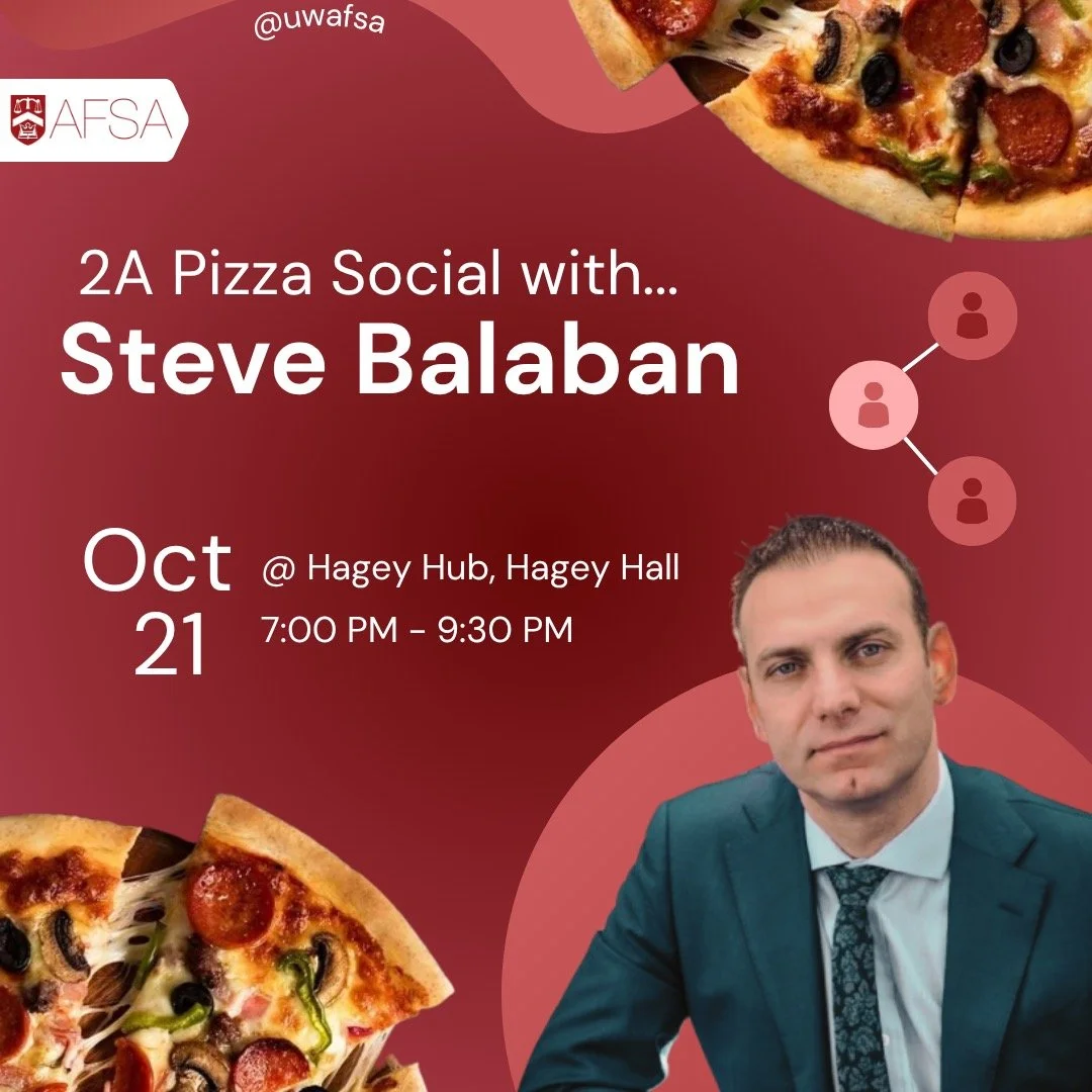 Attention 2A students in SAF!! AFSA will be hosting a pizza party with the one and only Professor Steve Balaban!!!! Join us on October 21st at 7 pm in Hagey Hub for a fun night of free pizza, drinks, and great convos. Don't miss the chance to catch u