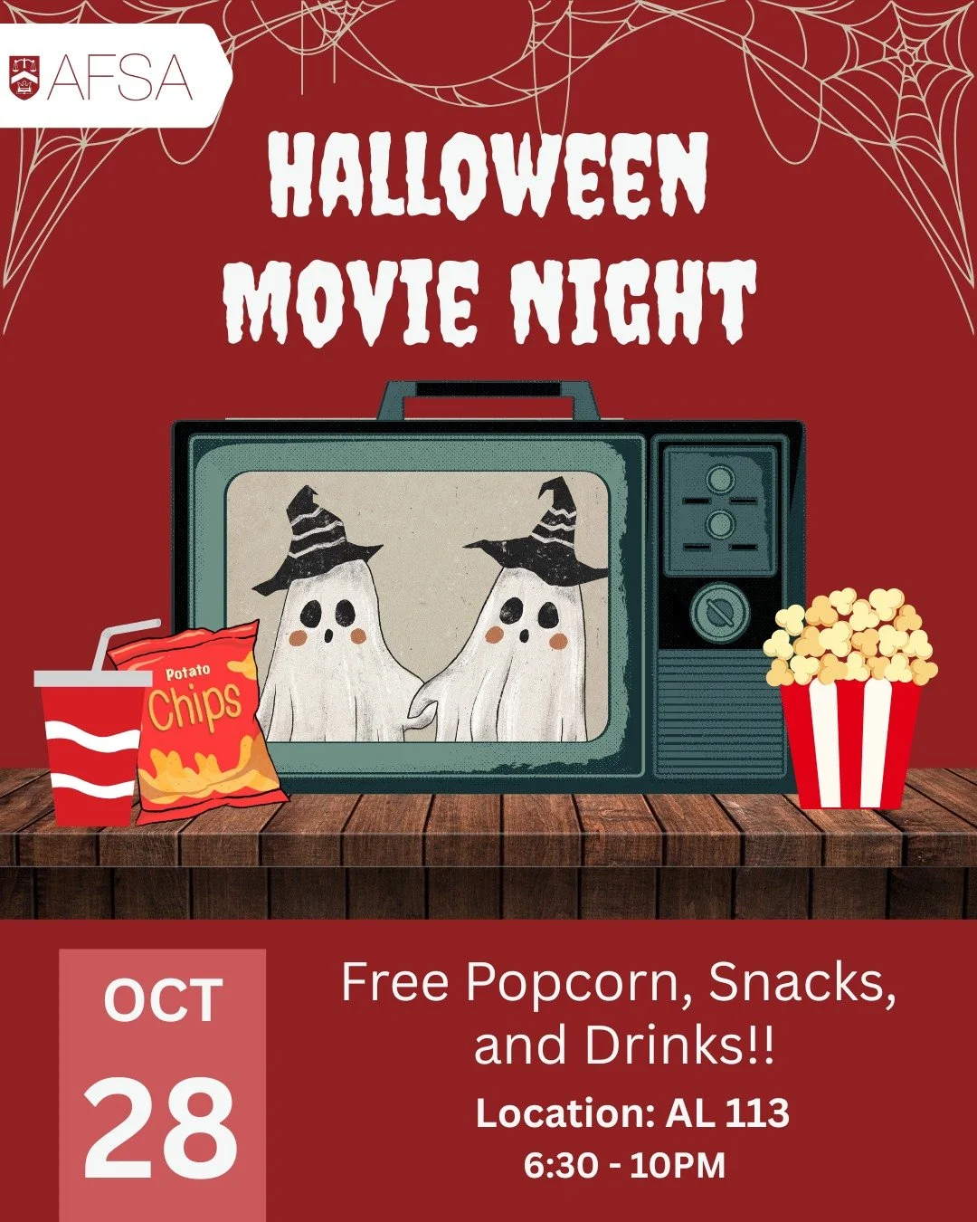 Get ready for a spooky night with SAF! 👻
Join us for Halloween Movie Night on Tuesday, Oct 28 at 6:30 PM in AL 113 🎬
Enjoy free popcorn, snacks, and drinks while we watch a classic horror movie!
🎟️ Register here: https://forms.gle/H3QXRR7vtn4CZyqC