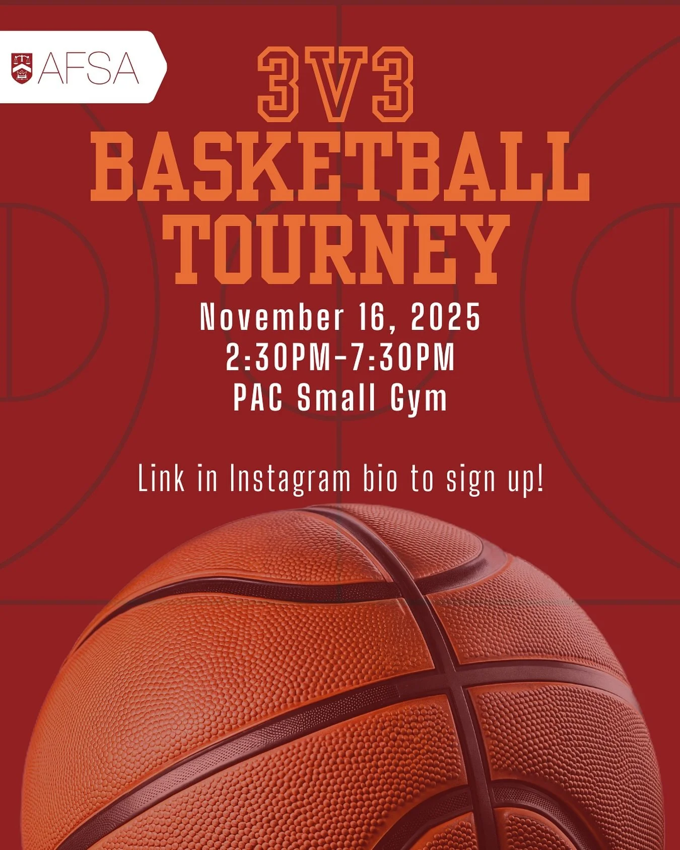 Hey SAF students! Ready to burn off some post-midterm stress or spend a fun Sunday afternoon? Join us at the PAC Small Gym for a friendly 3v3 basketball tournament! 🏀 

It&rsquo;ll be a round-robin style competition as well as some fun minigames aga