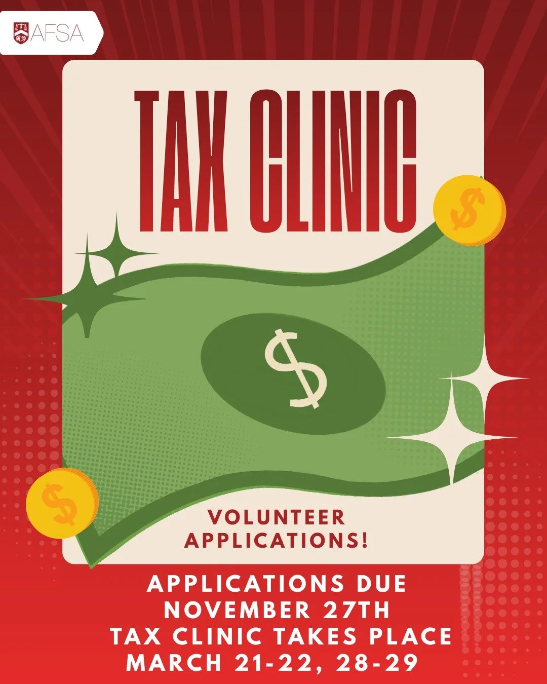 Calling all SAF students! AFSA's Tax Clinic is back, and we are recruiting volunteers for the upcoming tax season. Whether you're interested in accounting, passionate about community service, or looking for a meaningful way to get involved, this is a