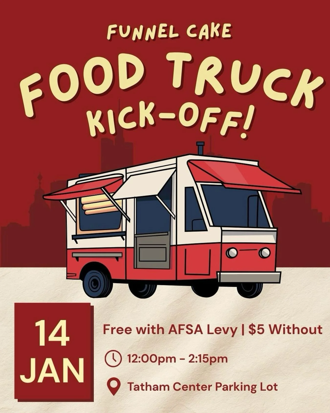 Hey SAF students! AFSA is kicking off the winter term with a free funnel cake food truck! 

Students who have paid there AFSA Levy can claim the free funnel cake. However, for those that haven&rsquo;t have an option to pay $5. Scan your WatCard at Do