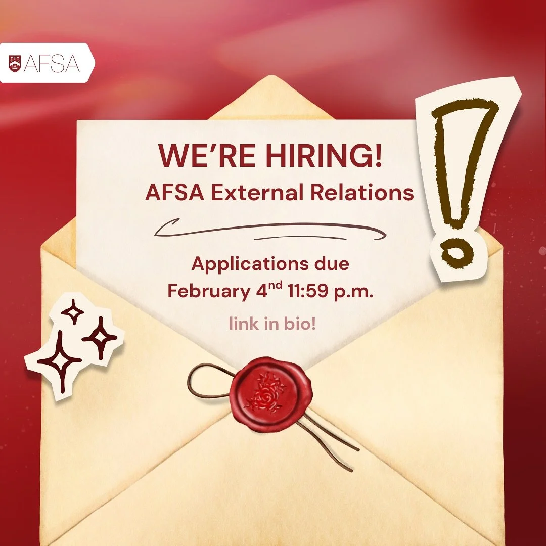 AFSA External Relations is hiring! Send in your applications by Feb 4th, we look forward to hearing from you!

Link in bio: https://forms.gle/XnhJEhnZ1ycz23ms6