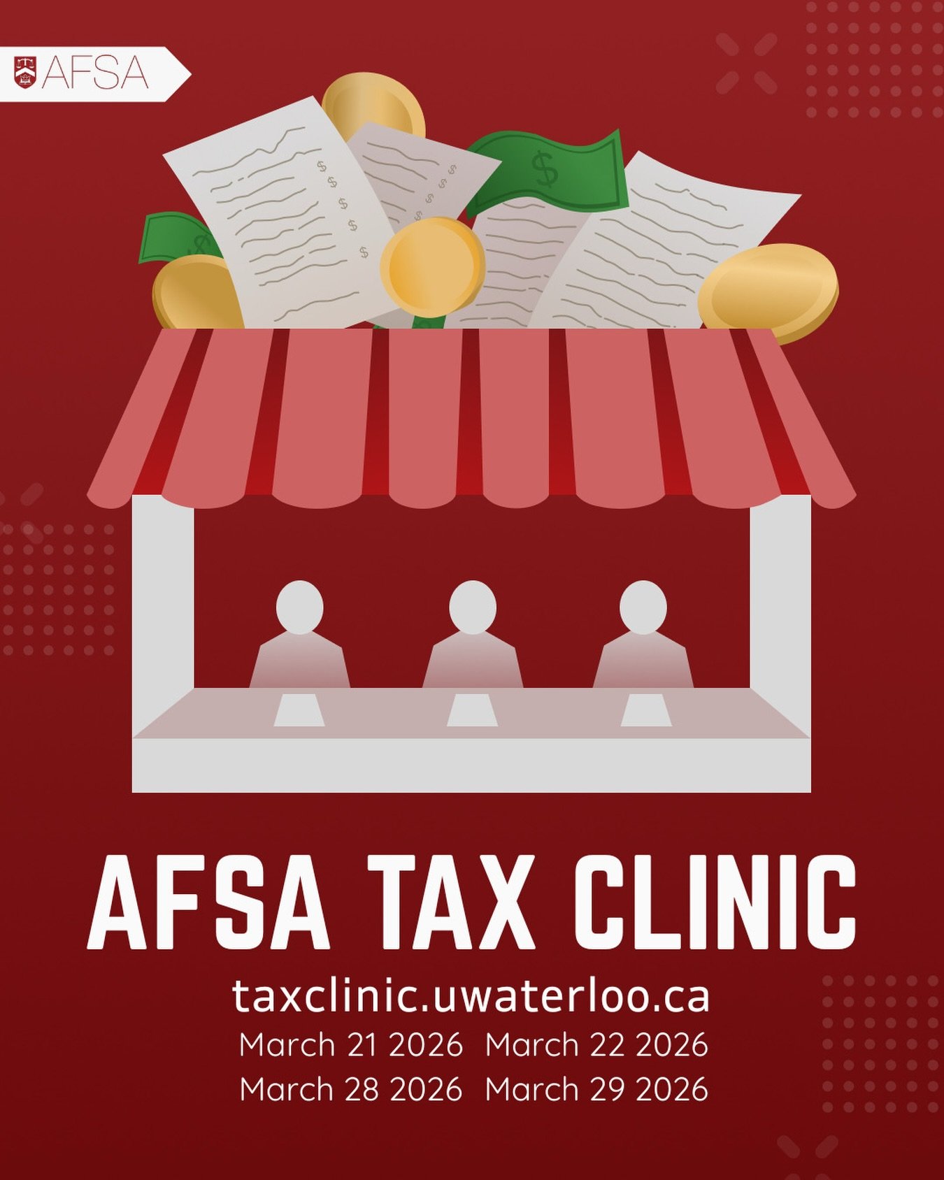 Need help filing your taxes? We&rsquo;ve got you covered. Join us on March 21, 22, 28, and 29 from 10:00 AM &ndash; 7:30 PM.

See website for more details
taxclinic.uwaterloo.ca

Save the date and stay tuned for more details!