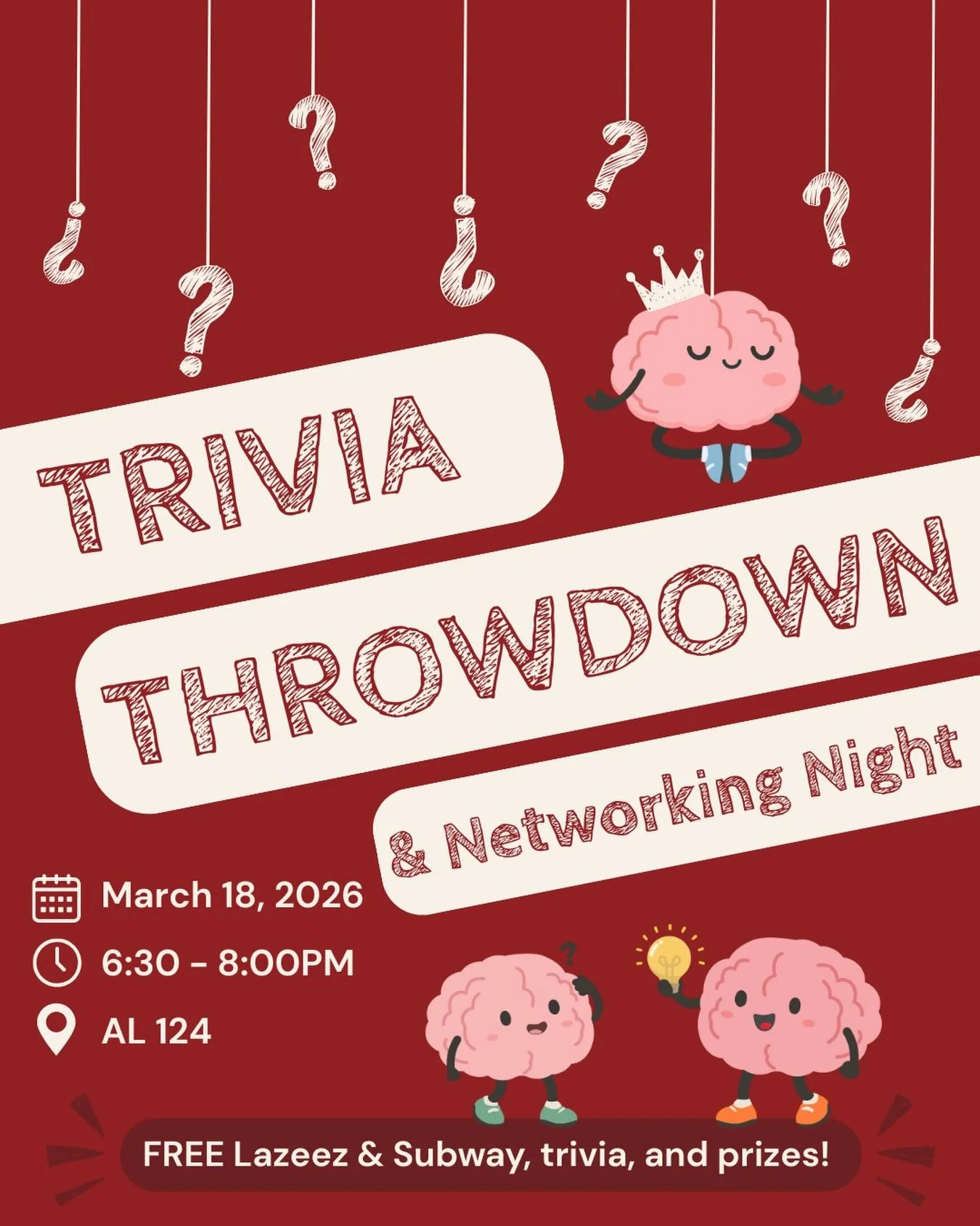 Need a break from the workload? Join AFSA Internal Services&rsquo; Trivia &amp; Networking Night on March 18 (6:30&ndash; 8:00 PM) in AL 124. This is a great opportunity to meet other SAF students, connect with new people, and expand your network whi