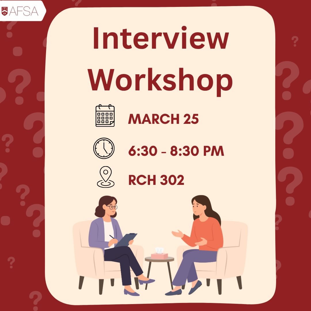 Hey SAF! 
Do you want to brush up on your interview skills to impress co-op recruiters? Planning on getting a summer 
job? Or applying for a summer conference? Want to stand out from the crowd?
If so, come sign up for AFSA Internal Services Mock Inte