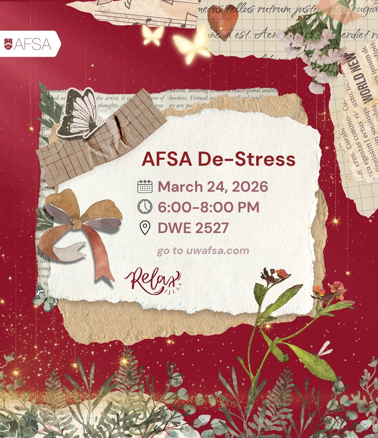 Take a break and join AFSA for a fun De-Stress Event! With the semester getting busy, this is the perfect chance to relax, hang out with friends, and recharge. Enjoy free pizza, pop, and snacks while taking a moment to unwind.

Date: Tuesday, March 2