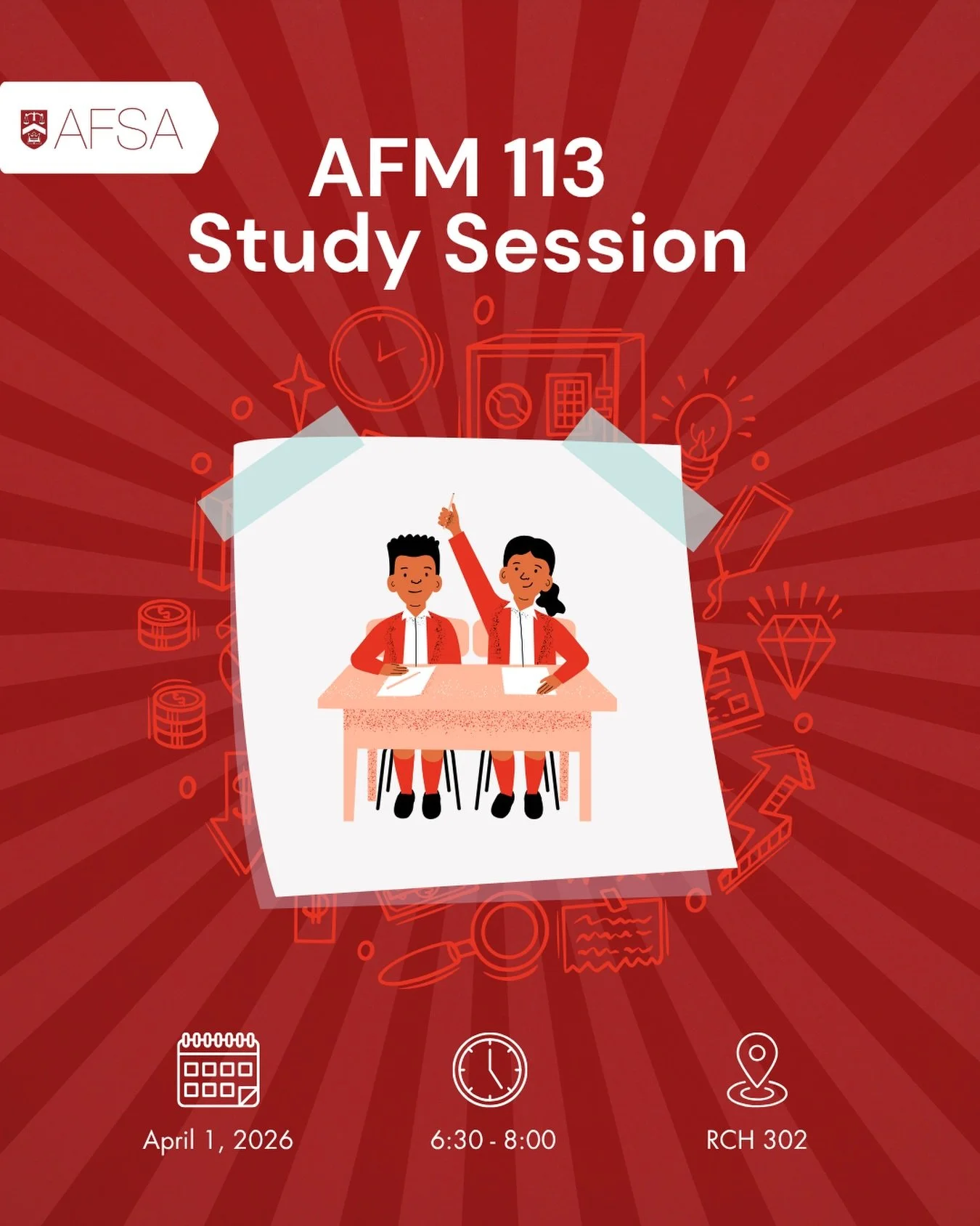 Hey SAF! Are you looking to boost your knowledge or test your understanding of AFM 113? Well, look no further and join us at AFSA Education&rsquo;s AFM 113 Final Exam Study Session on April 1 from 6:30 to 8PM! Hope to see you there!!