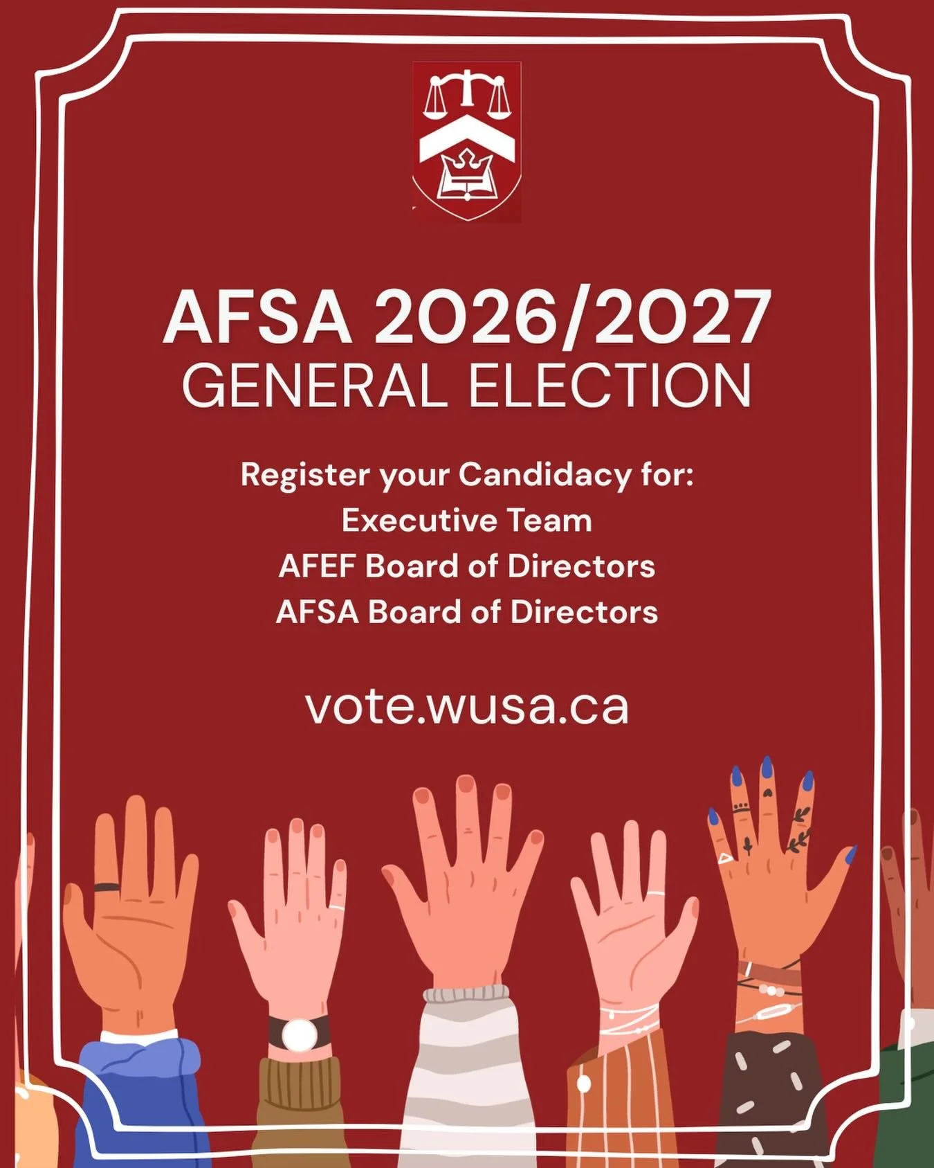 Hey SAF! The nomination period for the AFSA 2026/2027 General Election is officially open! Whether you&rsquo;re passionate about student advocacy, community building, or shaping the future of SAF, we encourage you to put your name forward for:

&bull
