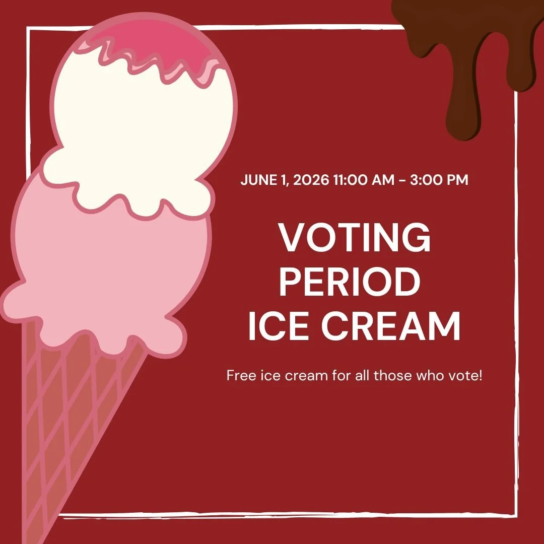 Come enjoy some ice cream, cast your vote in the AFSA election, and Cool off with Indulge. Either Ice Cream or Shaved ice with toppings available to all SAF students who cast a ballot in the 2026/2027 AFSA/AFEF Elections!