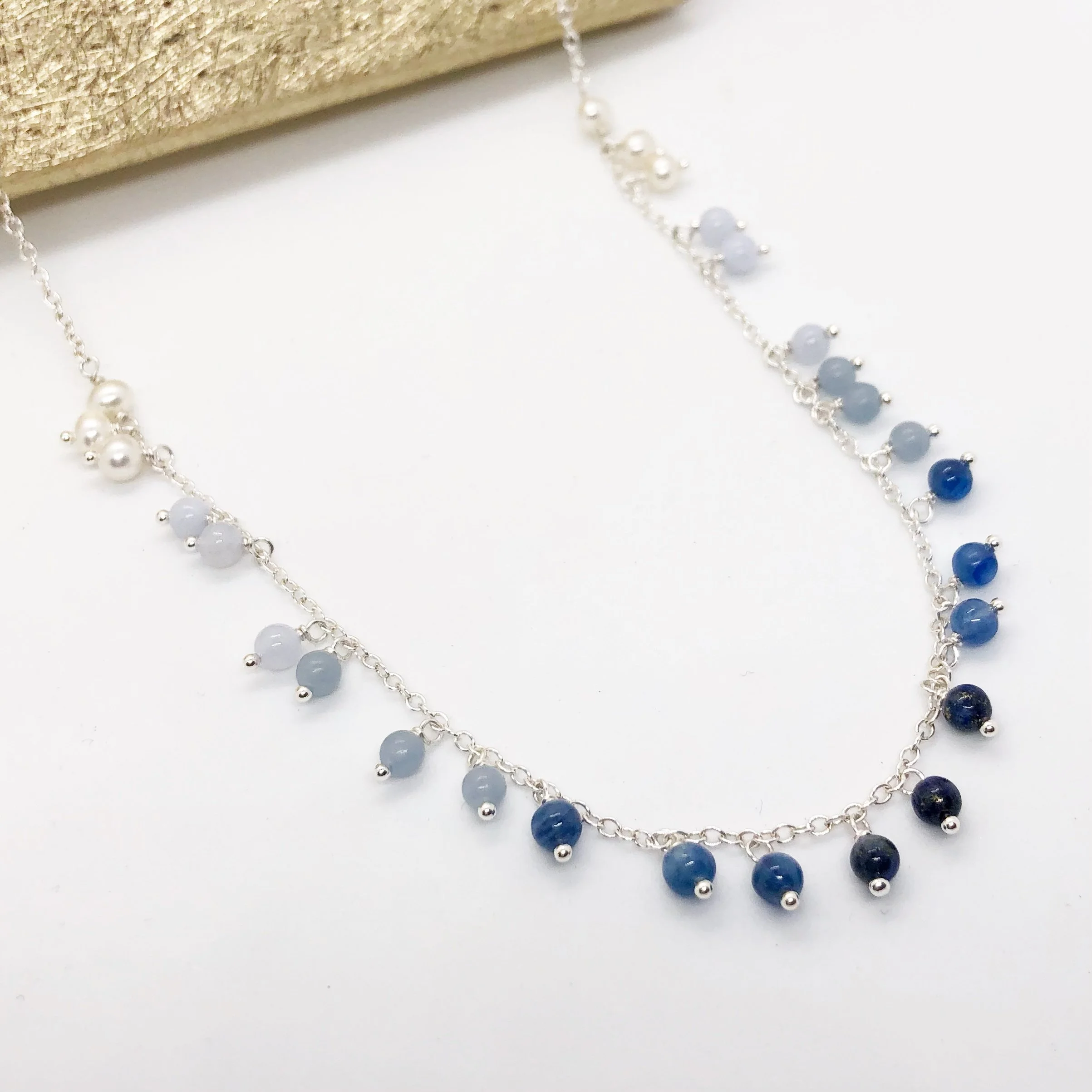 Long Silver & Blue Gemstone Ombré Charm Drop Necklace