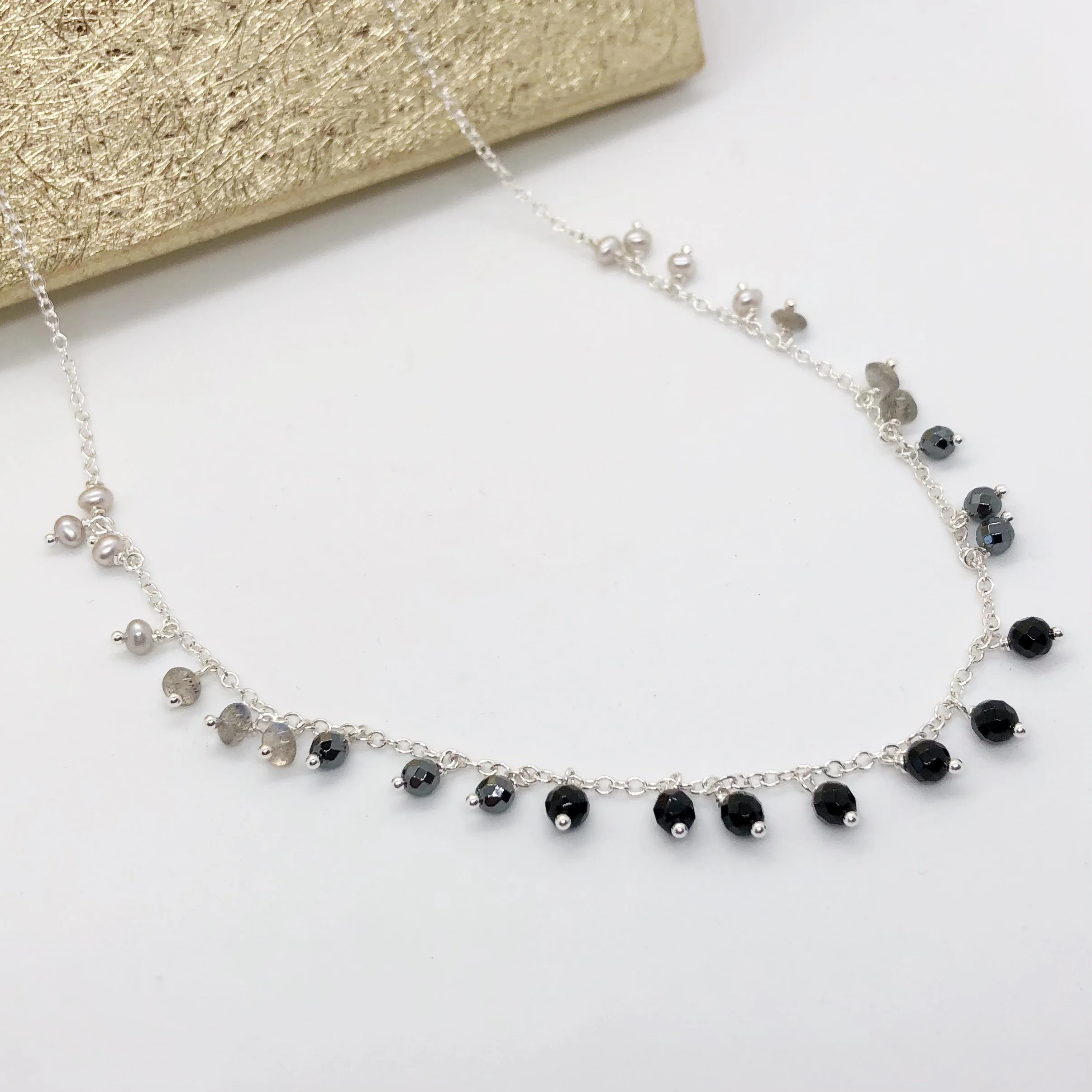 Long Silver & Moonlight Gemstone Ombré Charm Drop Necklace