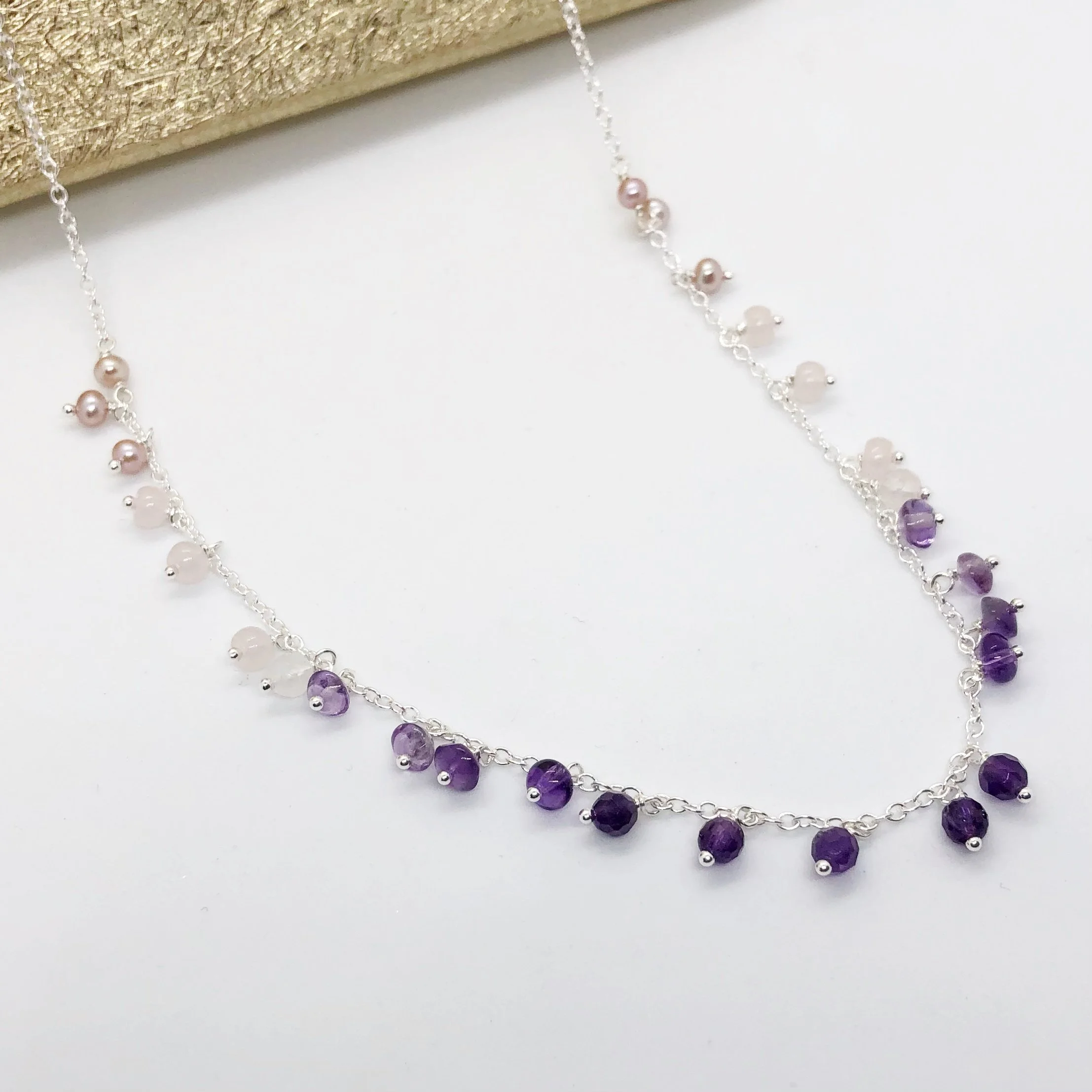 Long Silver & Pink/ Purple Gemstone Ombré Charm Drop Necklace
