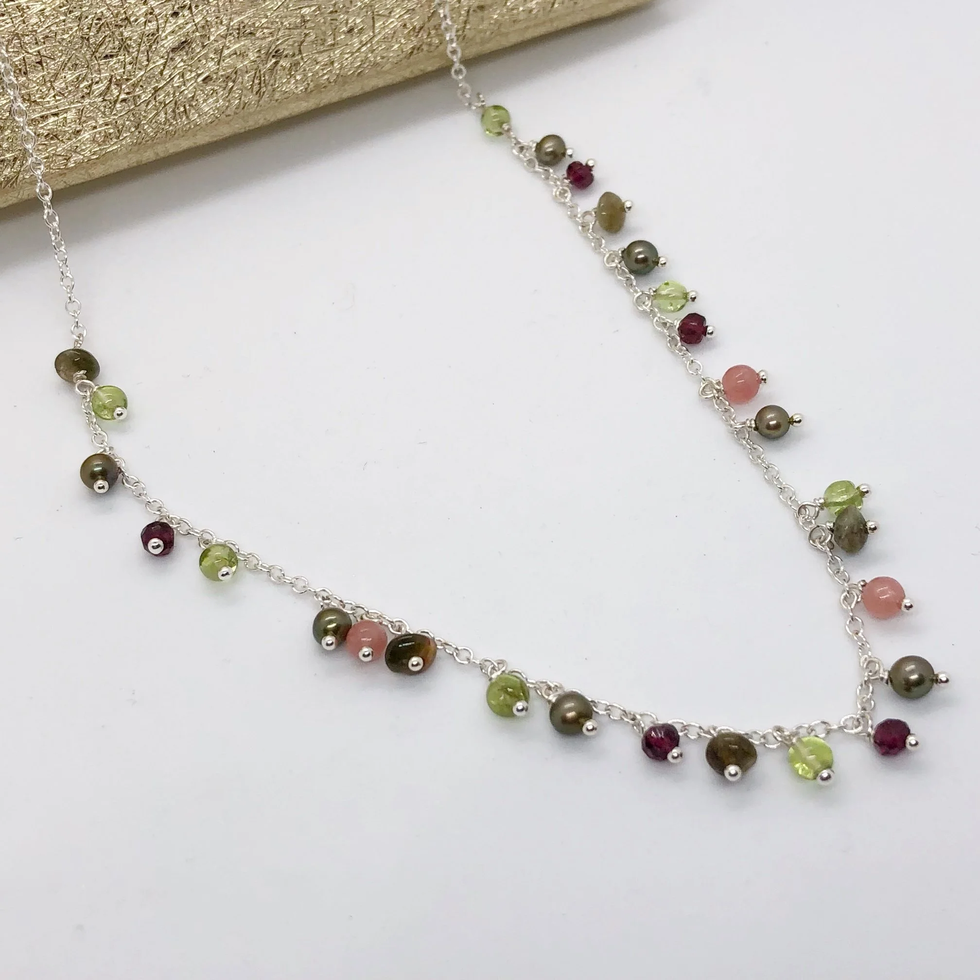 Long Silver Winter Heather Gemstone Charm Drop Necklace