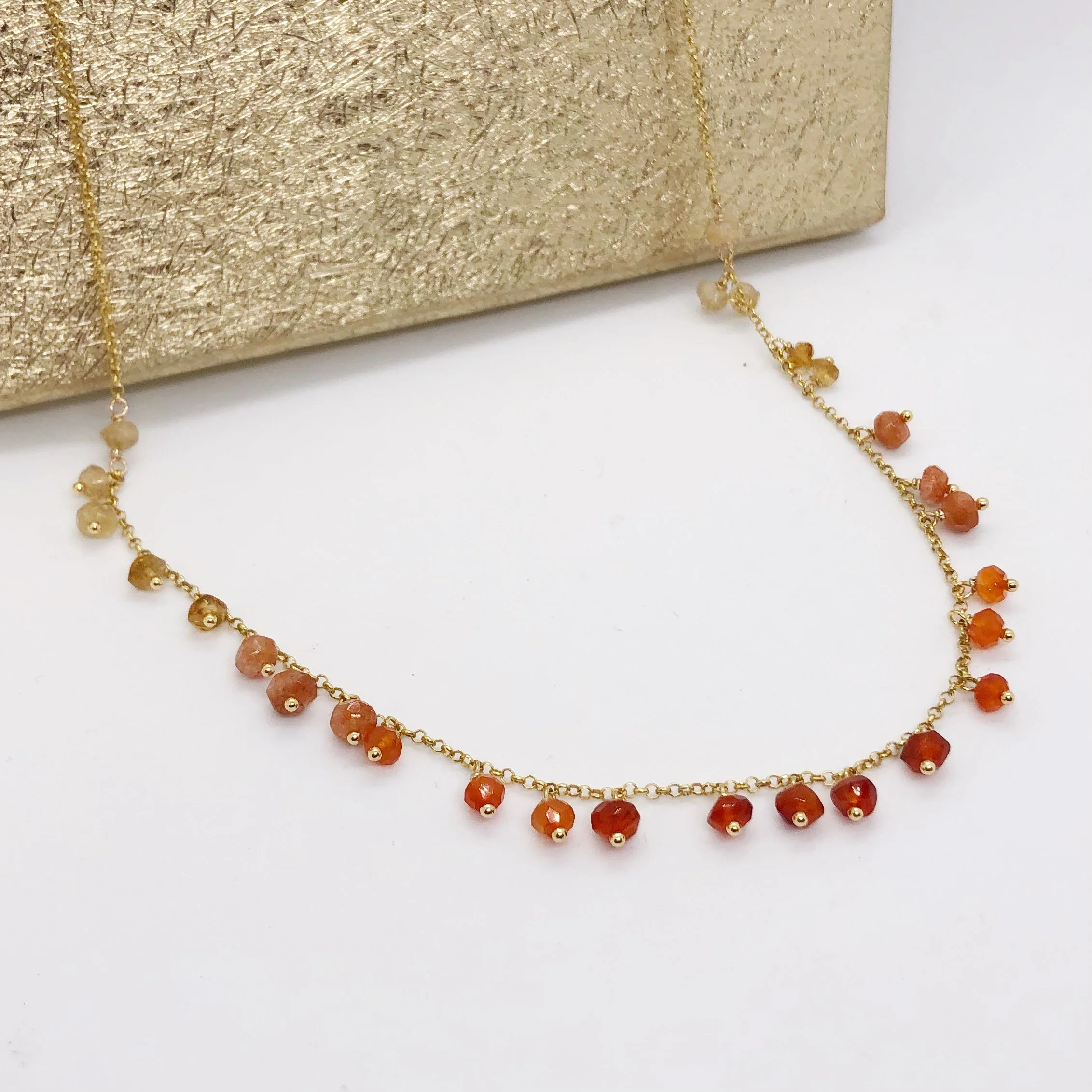 Long Gold & Orange Gemstone Ombré Charm Drop Necklace