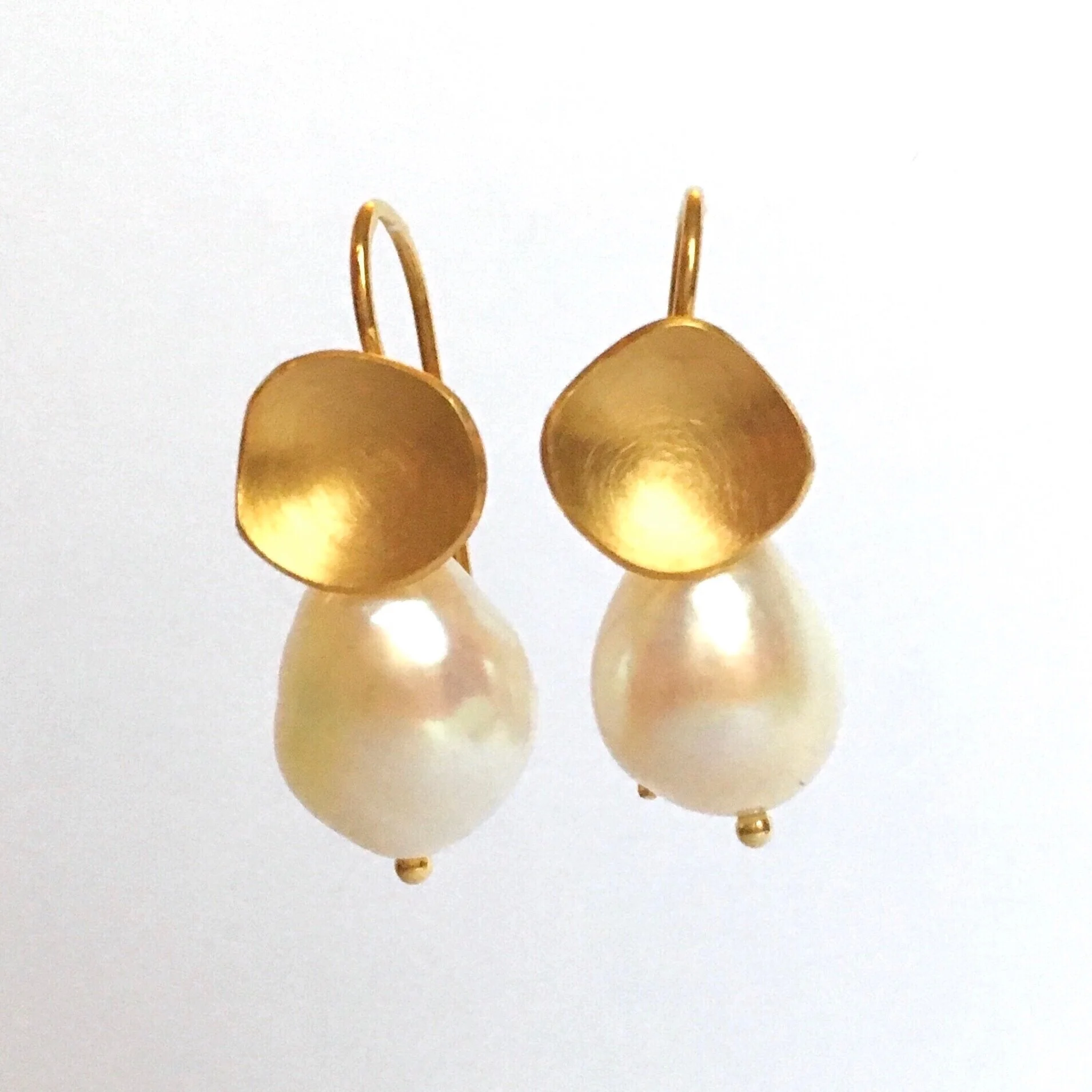 Gold petal & white pearl charm earrings