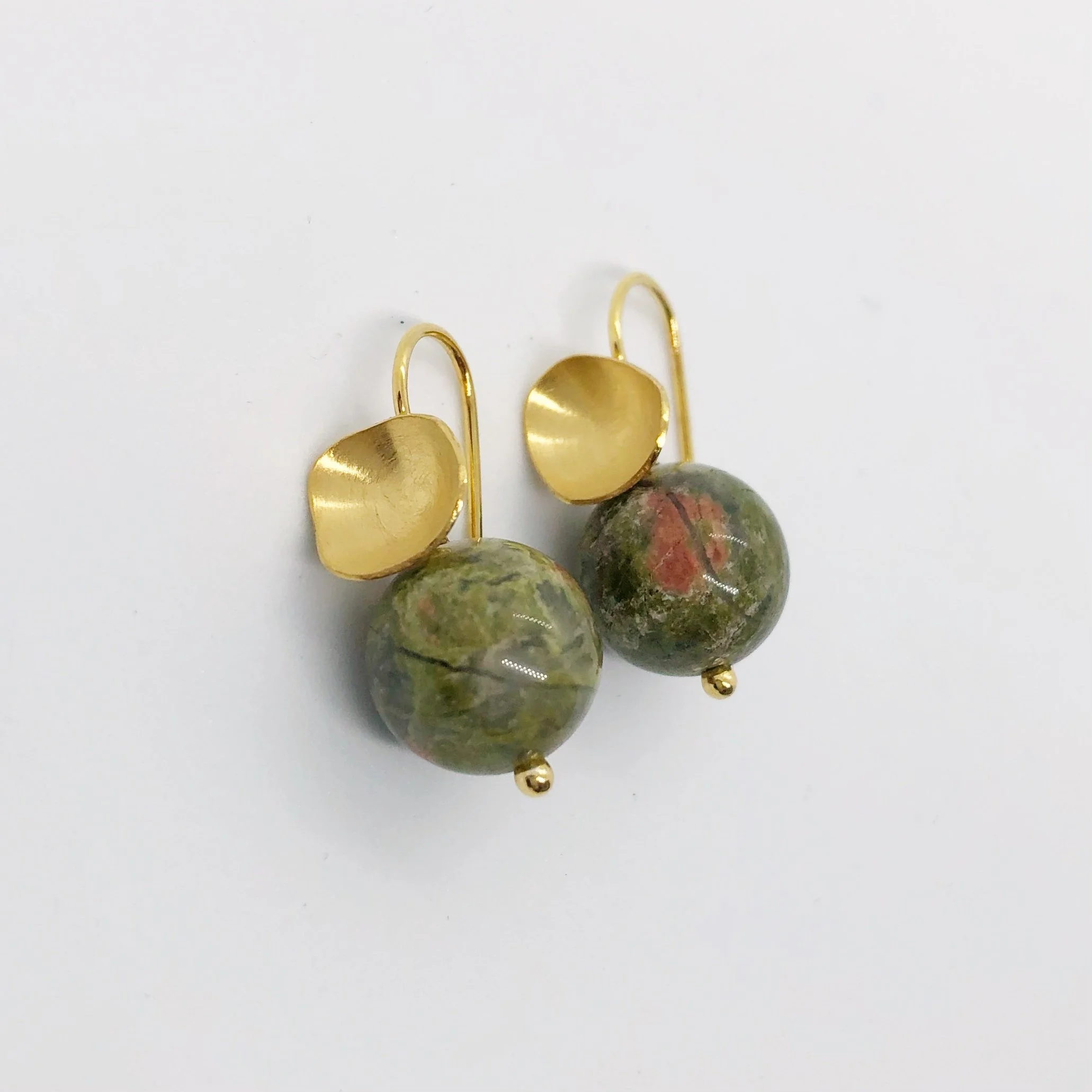 Gold petal & unakite charm drop earrings