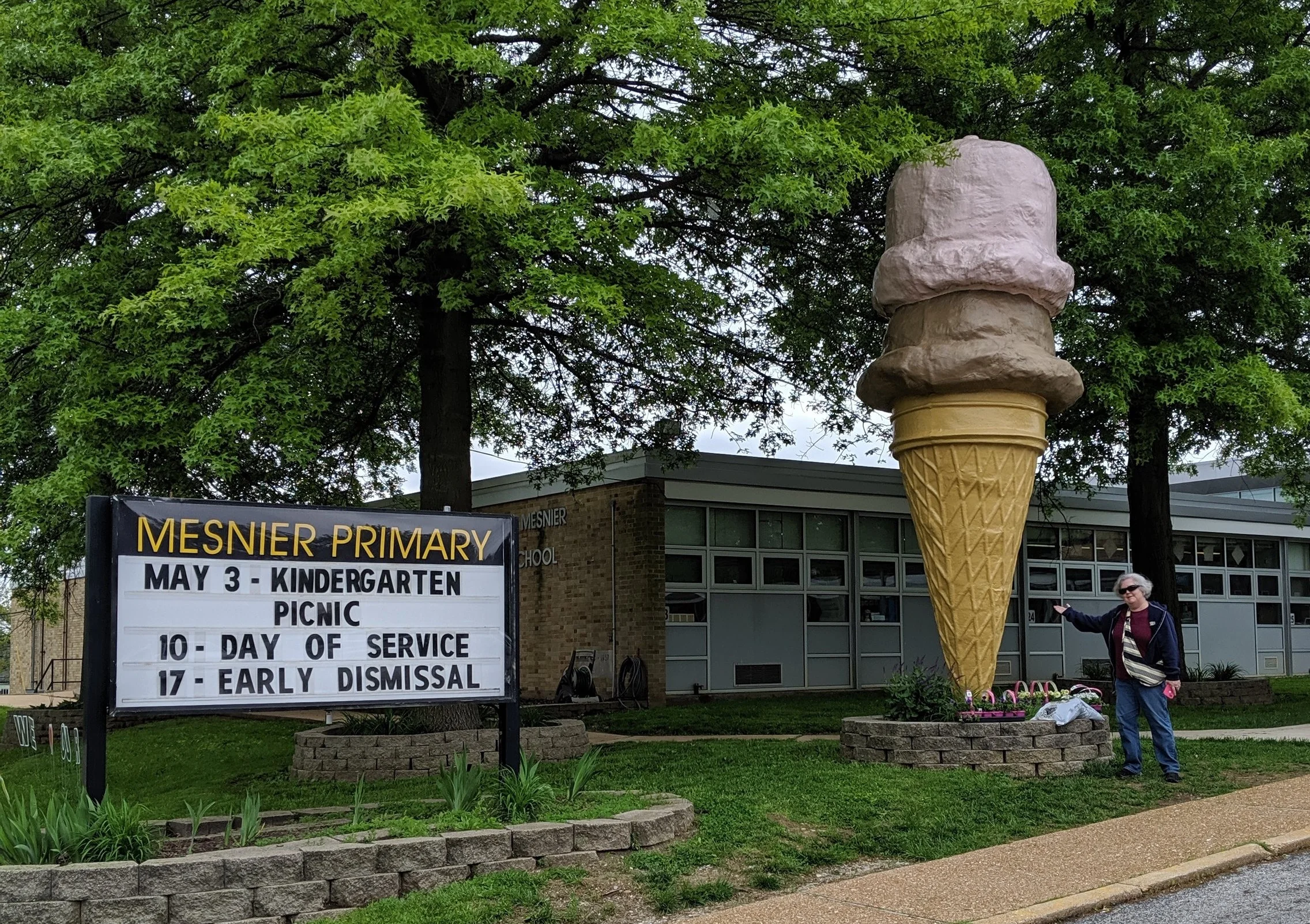 Here’s a giant ice cream cone at an elementary school in Affton, MO for some reason.