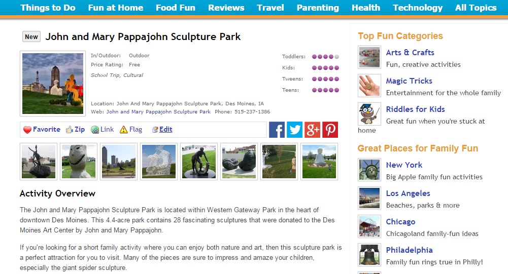 Profiles of attractions throughout the United States for Tipspoke (formerly FamilyZip), a website dedicated to family-friendly activities.