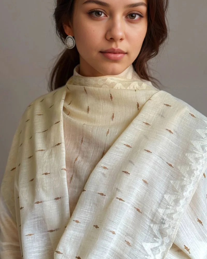 Model wearing Fyolu Fyoli Jamdani scarf