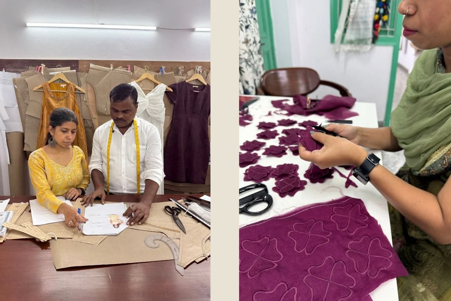 Tailor looking at patterns in the Salvie Atelier studio