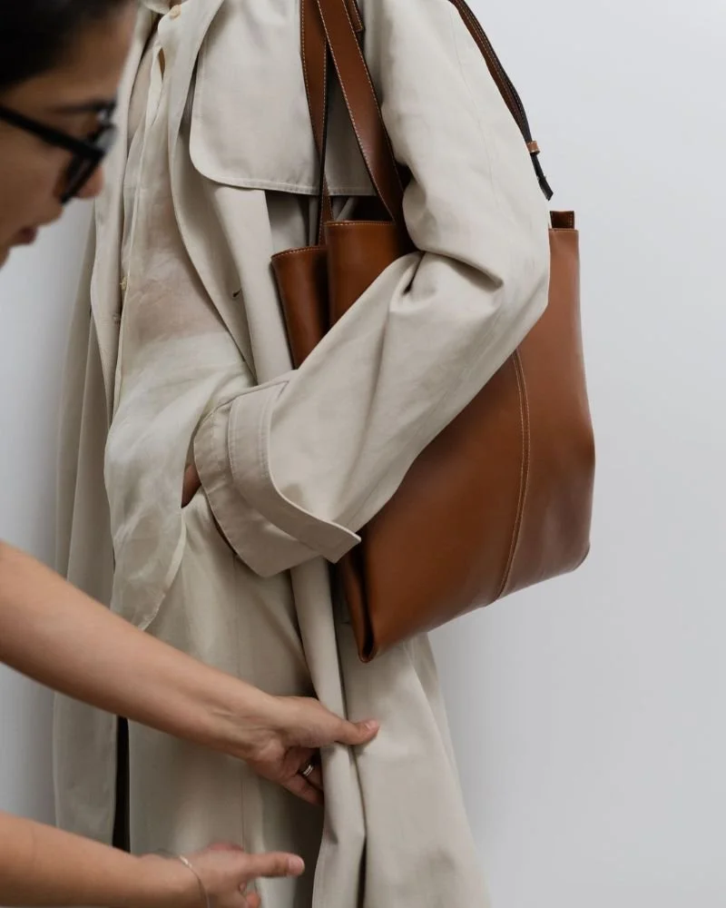 Model wearing INTGR's Double Tote bag