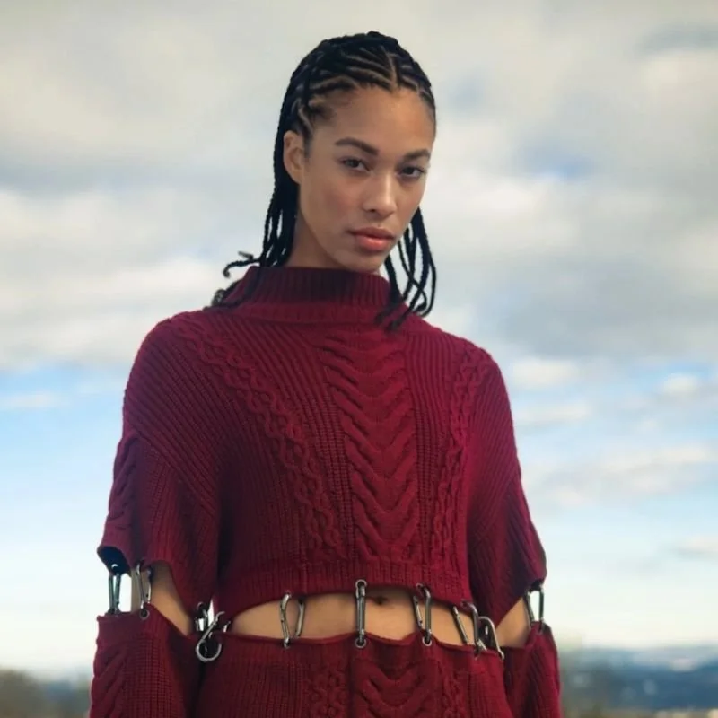 Model wearing knitwear designed by Amanda Thome