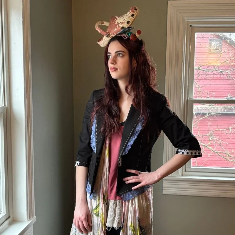 Model wearing Crooked Stitch upcycled blazer