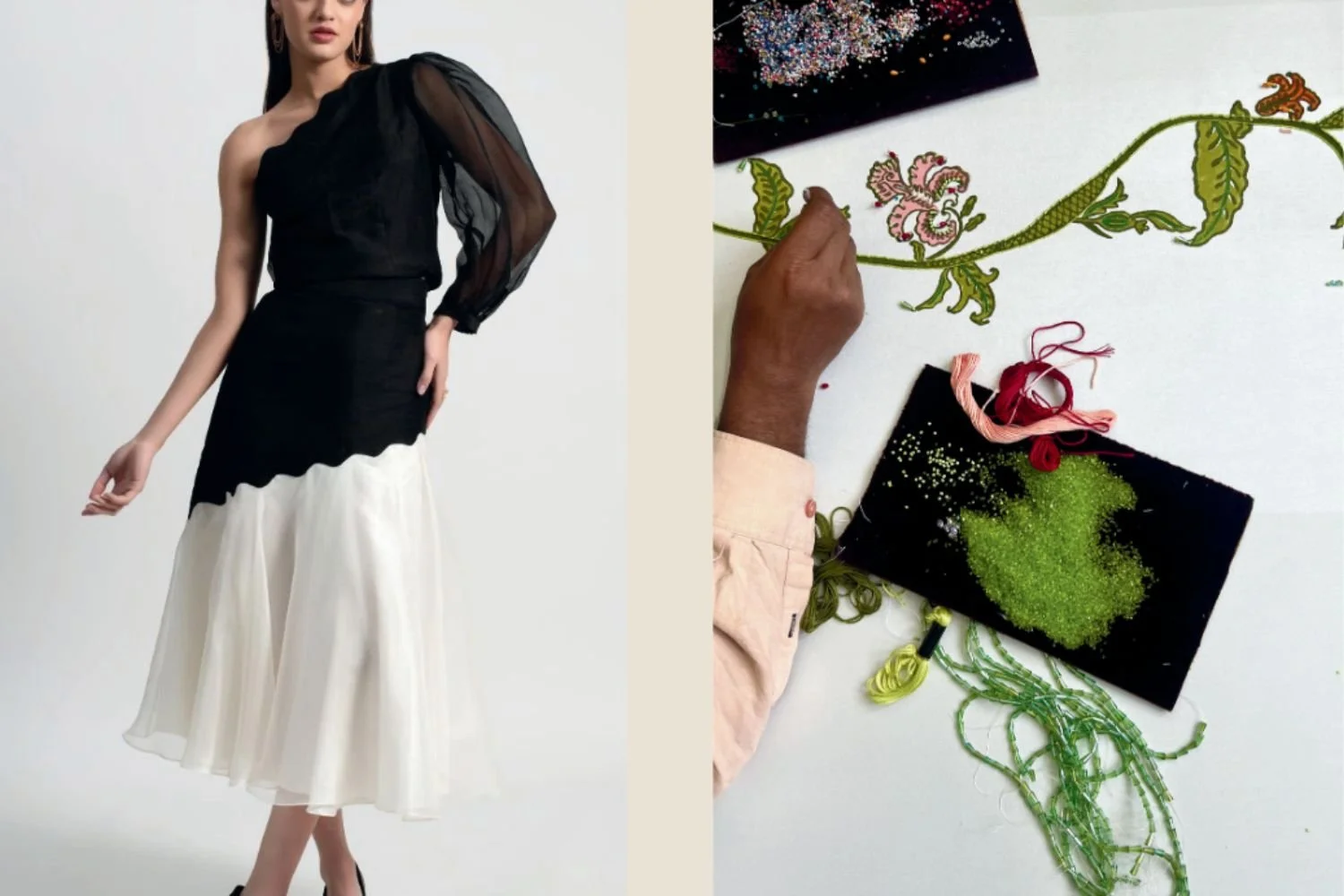 Woman wearing monochrome dress and hands embroidering - Salvie Atelier