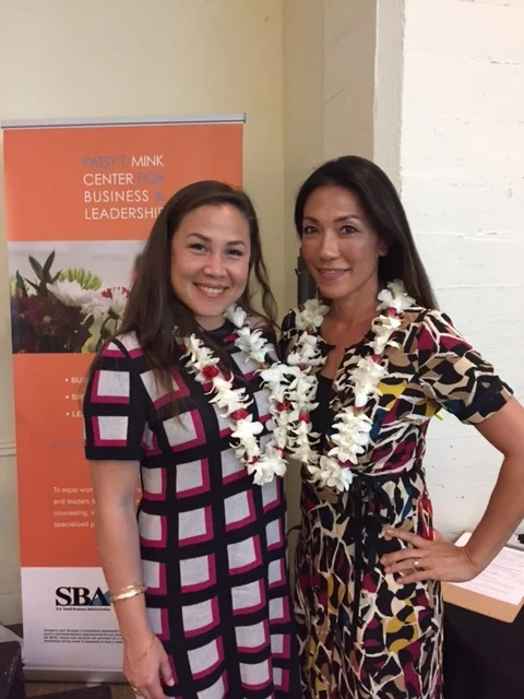 Meli James, President of the Hawaii Venture Capital Association (HVCA), and Tina Fitch, CEO and Co-Founder of Hobnob, at the Wahine Forum Network luncheon on May 11 at YWCA O'ahu's Elizabeth Fuller Hall.