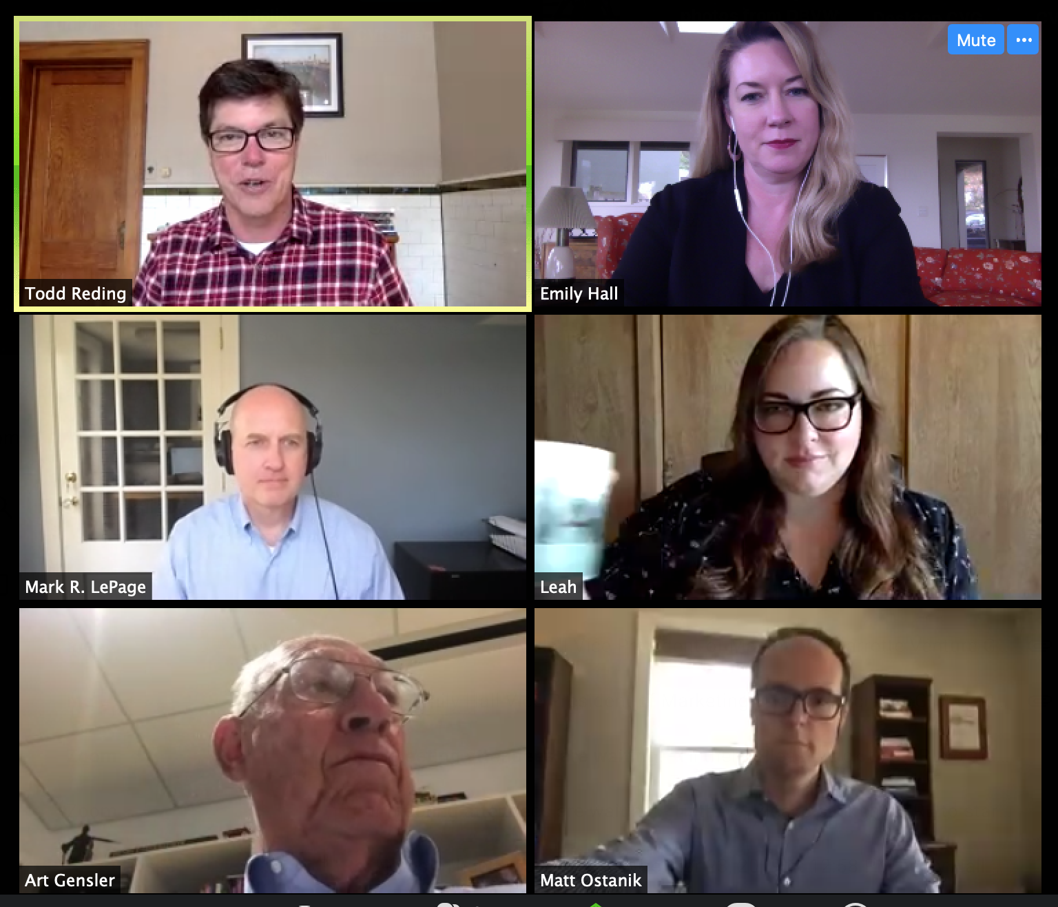 Jurors and CVG facilitators interviewed three finalists by video on April 23rd, 2019. (Top: CVG’s Todd L. Reding and Emily Hall, facilitators, Middle: Juror Mark R. LePage and Leah Alissa Bayer, EVIA); Bottom: Jurors Art Gensler and Matt Ostanik)
