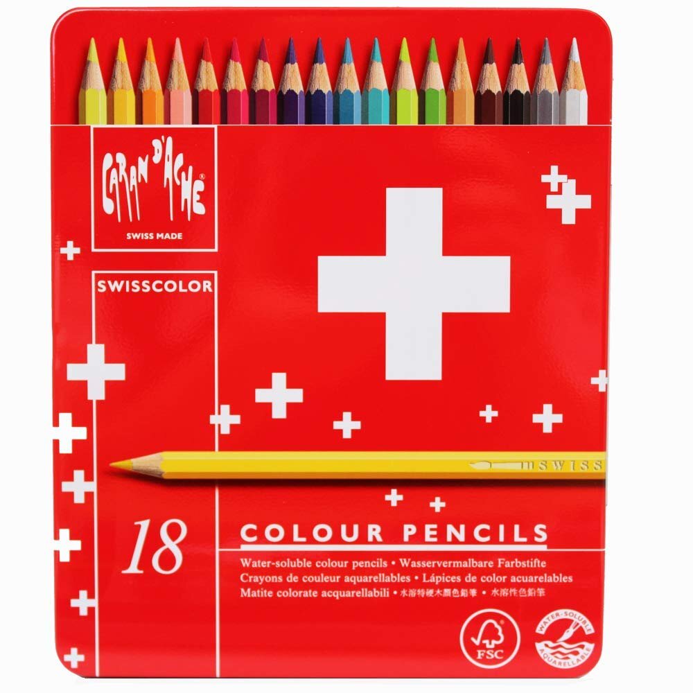 Caran D'Ache Swisscolor 1285.818 - Lot De 18 Crayons De Couleur Solubles Dans L'Eau En Boîte Métal