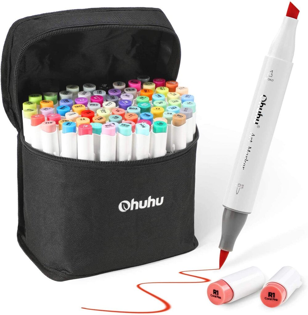  Ohuhu Markers Brush Chisel Tip: 60 Colors New Brush Double  Tipped Water-Based Art Marker for Kids Adults Coloring Book Calligraphy  Drawing Sketching Bullet Journal with 1 Colorless Blender and Case 
