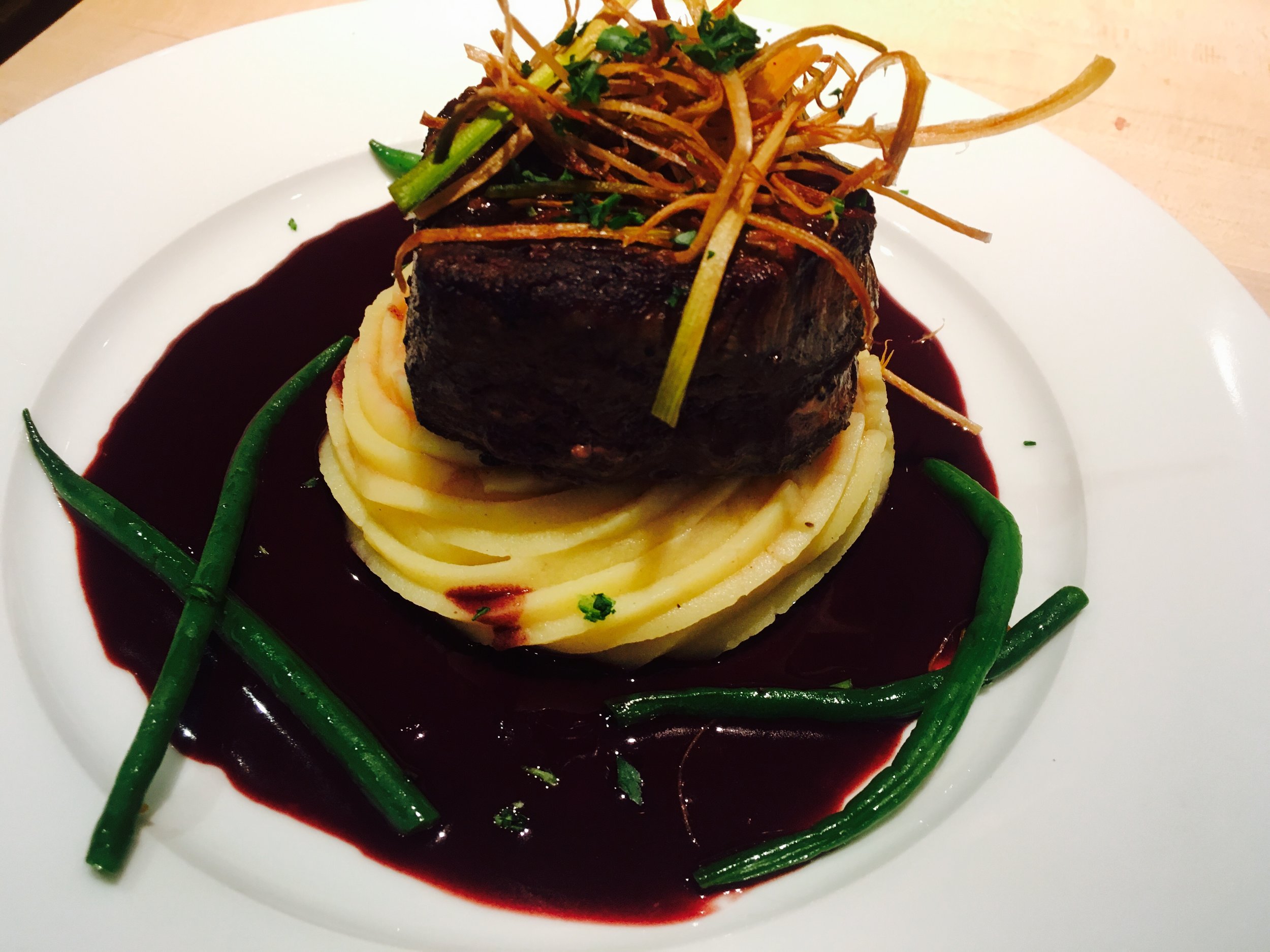Filet Mignon, Mashed Potatoes, Haricots Verts and Red Wine Sauce