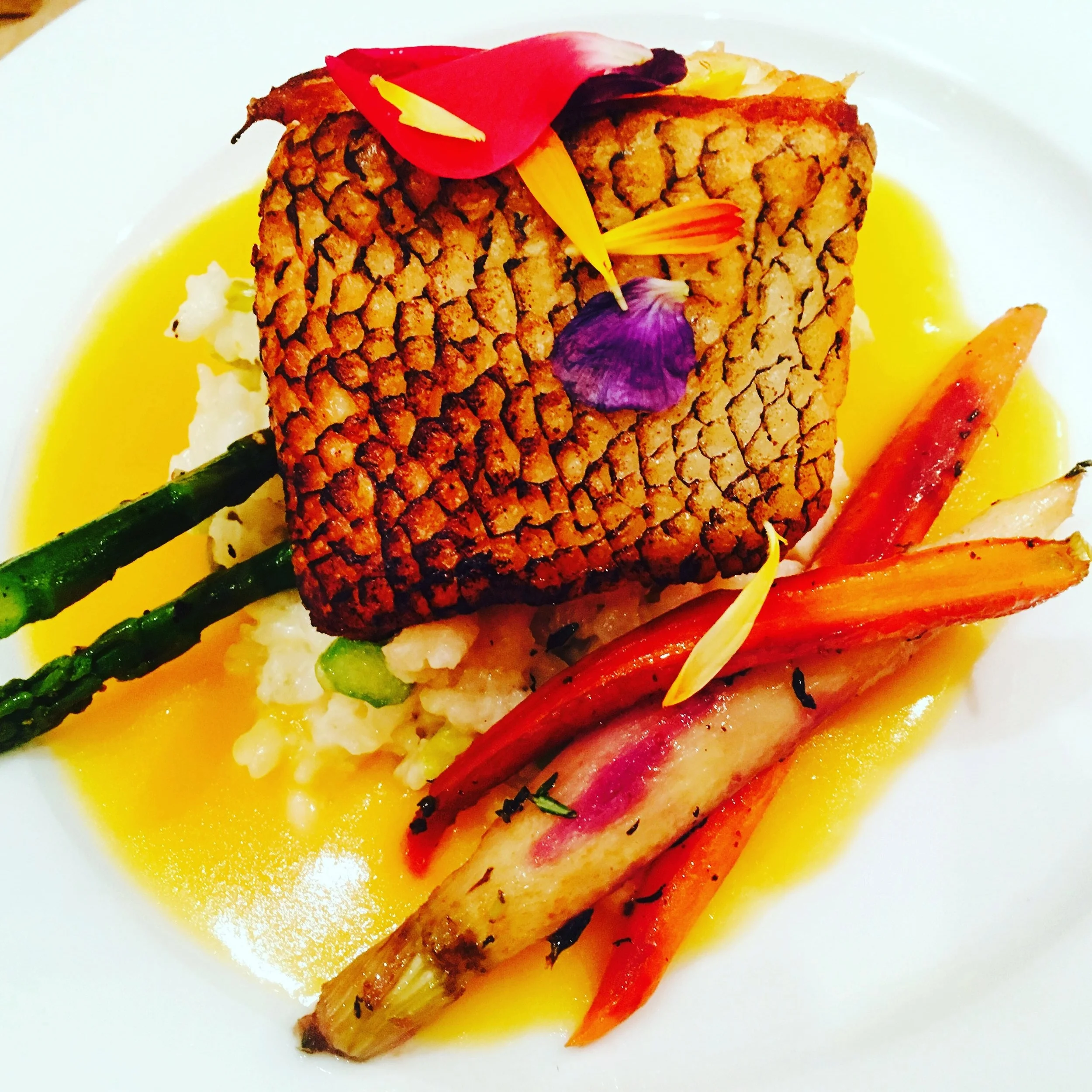 Pan Seared Branzino with Asparagus and Roasted Root Vegetables