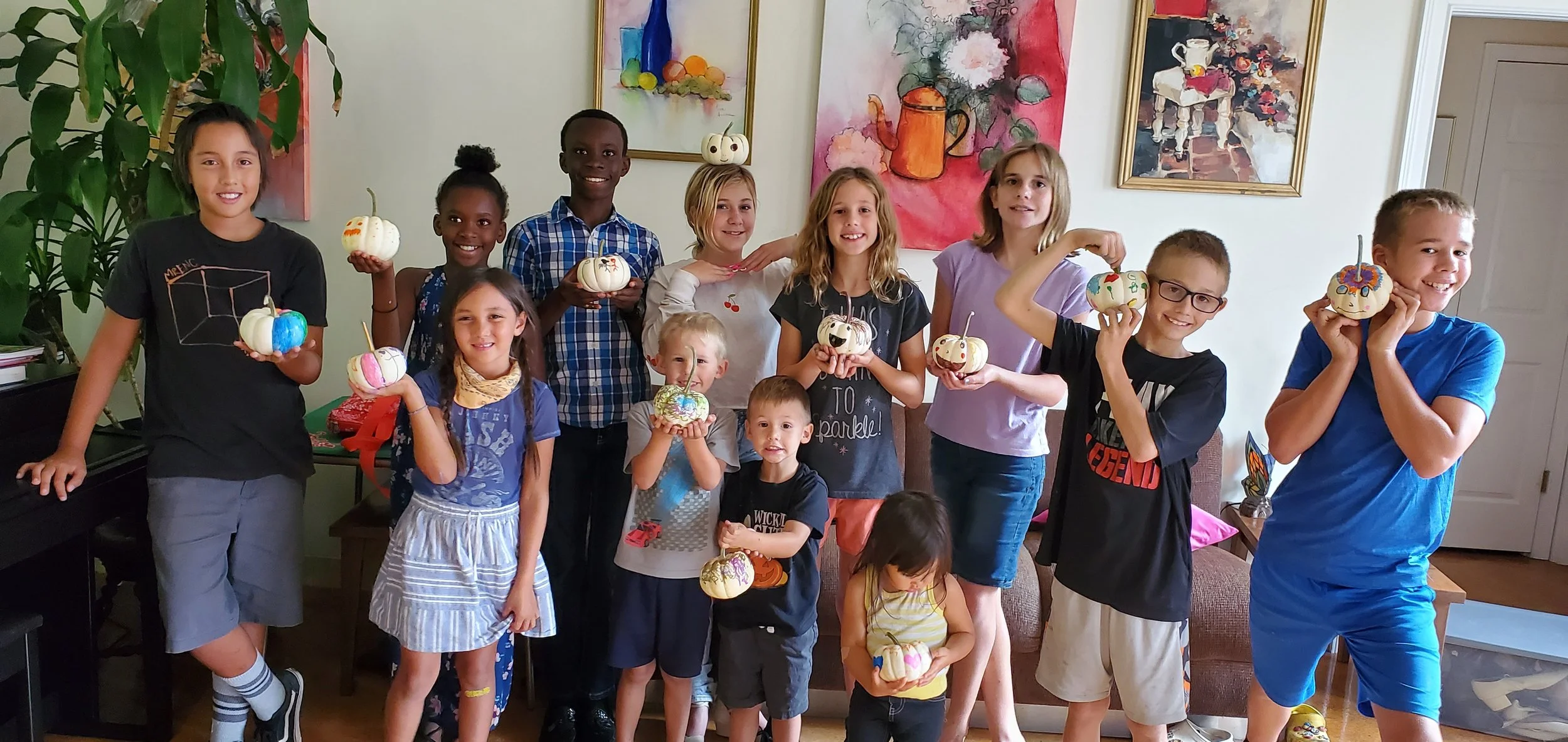 Pumpkin painting at Jr Shag pizza-dance party at Ron & Kathi's 10/27/2021