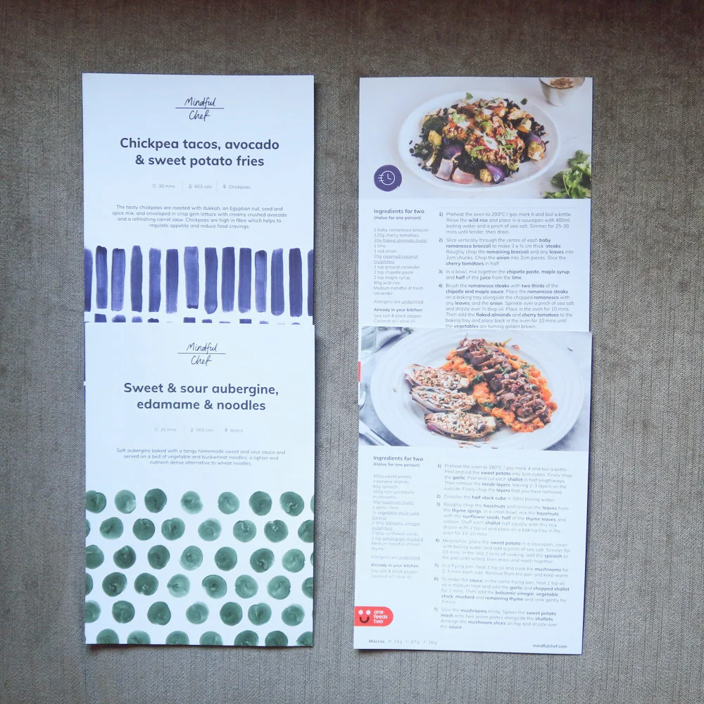 Recipe cards are colour coded with the bags for ease of reference.